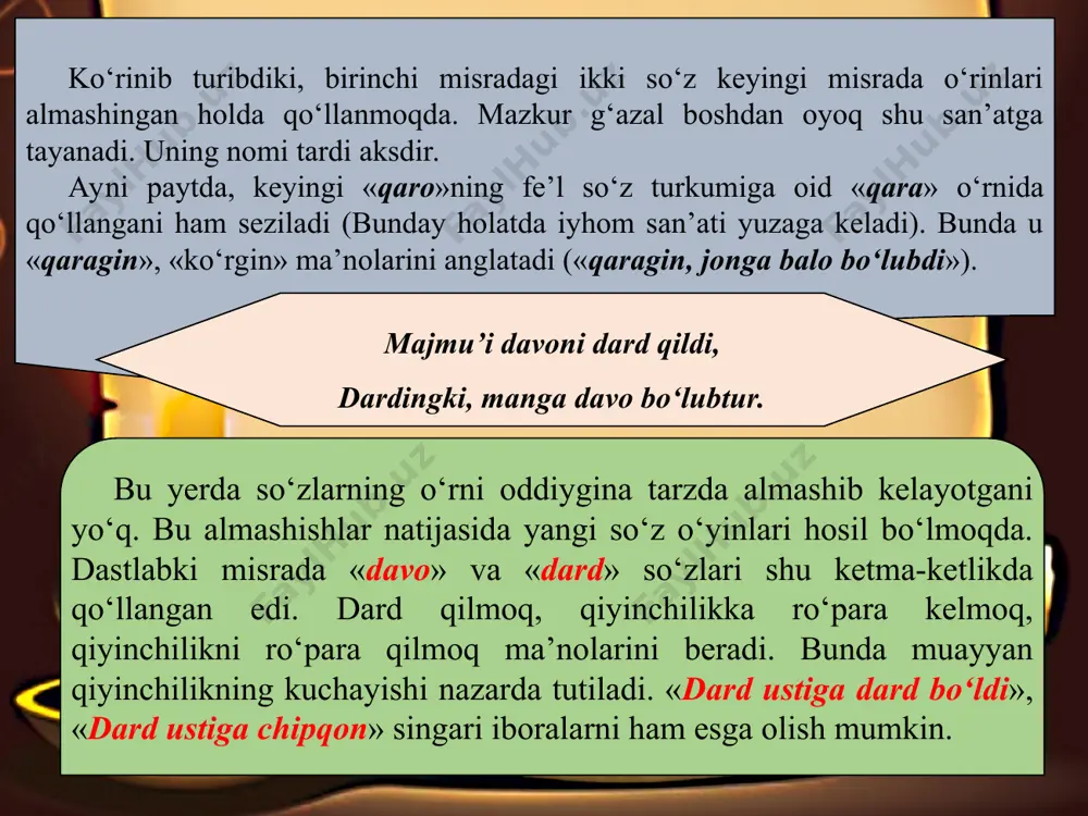 ladi. mazkur baytda biz so‘zlar takrori zimmasidagi vazifalarni ko‘rib turibmiz. baytda «men» olmoshi uch marta, «istamoq» fe’li ikki marta, ot so‘z turkumidagi «suhbat» ikki marta, «etmas» yordamchi fe’li ikki marta qo‘llangan. ammo bu yerda so‘zlar takrori emas, balki ma’nolarning ajoyib tovlanishi kishini mahliyo etadi. so‘zlar takrori ma’nolar jilvasinig yuzaga chiqishi uchun imkon hozirlab beradi. a hamda unlilarining faolligi, radifning ishtiroki bayt ohangdorligiga o‘zlarining munosib hissalarini qo‘shib turibdi. nega kishi o‘ziga ma’qul kishilar bilan hamsuhbat bo‘lish uchun ham ko‘p qiyinchiliklarga duch kelishi kerak? buning sabablari ko‘p. shulardan biri, inson o‘ziga ma’naviy oziq berishi mumkin bo‘lganlarga intiladi. ammo intiltiruvchining imkoniyatlari intiluvchi istagan darajada bo‘lmasligi mumkin: ne bahra topqamen andinki, mendin istagay bahra, chu ulkim, bahrayi andin tilarmen, bahramand etmas. boshqalarga bahra yetkazish imkoniga ega bo‘lmagan kishiga ko‘z tutish o‘rinli bo‘lmaydi, imkoni borning esa menga nisbatan rag‘bati mavjud emas, demoqda shoir. so‘zlar takrori bu yerda ham asosiy mavqeni egallab turibdi. shunga ko‘ra, lirik …
