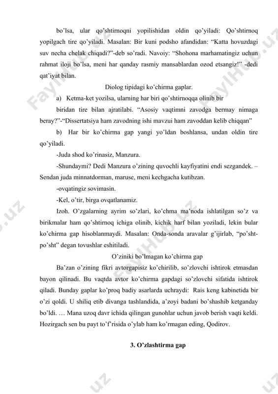 avtor gapining kesimi ham odatda, boshqa so’z bilan almashadi. ko’chirma gap: “toshkentda chindan hamqadamim qutlug’ bo’lib ketdi”, - dedi o’ktam hayajon bilan. o’zlashtirma gap: o’ktam hayajon bilan toshkentda chindan ham qadamining qutlug’ bo’lib ketganligini aytdi. agar ko’chirma gapning egasi kishilik olmoshi bo’lsa, o’zlashtirma gapga aylantirishda bu esa o’z olmoshi bilan almashib, egalikaffiksini olib keladi, shundan so’nggina –ning qo’shiladi: ko’chirma gap: “men a’lo o’qish uchun butun kuchimni sarf qildim”,-dedi zulfiya. o’zlashtirma gap: zulfiya a’lo o’qish uchun butun kuchini sarf qilganligini aytdi. ko’chirma gapning kesimi – gan affiksi bilan yasalgan o’tgan zamon fe’li bo’lsa, undan keyin – lik + egalik affiksi + ni qo’shiladi: ko’chirma gap: “maktab tajriba er maydonchasiga turli xil ekinlar ekansiz”, - dedi o’qituvchi. o’zlashtirma gap: o’qituvchi maktab tajriba er maydoniga turli xil ekinlar ekkanliklarini aytdi. 2. ko’chirma gapning kesimi – yomg’ir, - yap bilan yasalgan hozirgi zamon fe’li bo’lsa, zamon yasovchisi yotgan affikasiga almashtiriladi, so’ng – lik + …