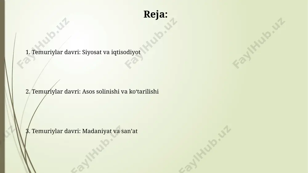 соҳаларда 30 дан ортиқ муҳим илмий асарлар яратганлар. madaniyat va sanʼat timuriylar davrida samarqand 15-asrda dunyodagi eng yirik shaharlardan biri bo‘lib, arxitektura, miniatyura va qo‘lyozma sanʼati markazi hisoblangan, jahonning 4 burchagidan ustalarni o‘ziga jalb etgan. timuriylar davri miniatyura sanʼati o‘zining noyob uslubi, 200 dan ortiq ranglardan foydalanishi va murakkab kompozitsiyalari bilan mashhur bo‘lib, jahon merosi ro‘yxatiga kiritilgan bir qancha asarlarni yaratdi. amir temur shaxsiyati va siyosati amir temur o'zining qat'iyatli va shafqatsiz siyosati bilan mashhur bo'lib, masalan, delhidagi 100 000 dan ortiq odam halok bo'lgan qirg'in kabi voqealar uning shaxsiyatini ifodalaydi. uning harbiy siyosati 100 000 kishidan ortiq qo'shinni birlashtirishni o'z ichiga olgan bo'lib, bu qo'shin bilan u xorazm, iroq va fors kabi keng hududlarni zabt etdi. temuriylar davri boshlanishi amir temurning 1369-yilda jazoir qoʻshinlarini magʻlubiyatga uchratib, uning oʻz hukmronligini mustahkamlashdagi dastlabki muhim harbiy yutuqlaridan biri boʻlib, keyingi kengayishga yoʻl ochdi. temur davlatining dastlabki yillarida, hozirgi oʻzbekiston, eron va afgʻoniston …