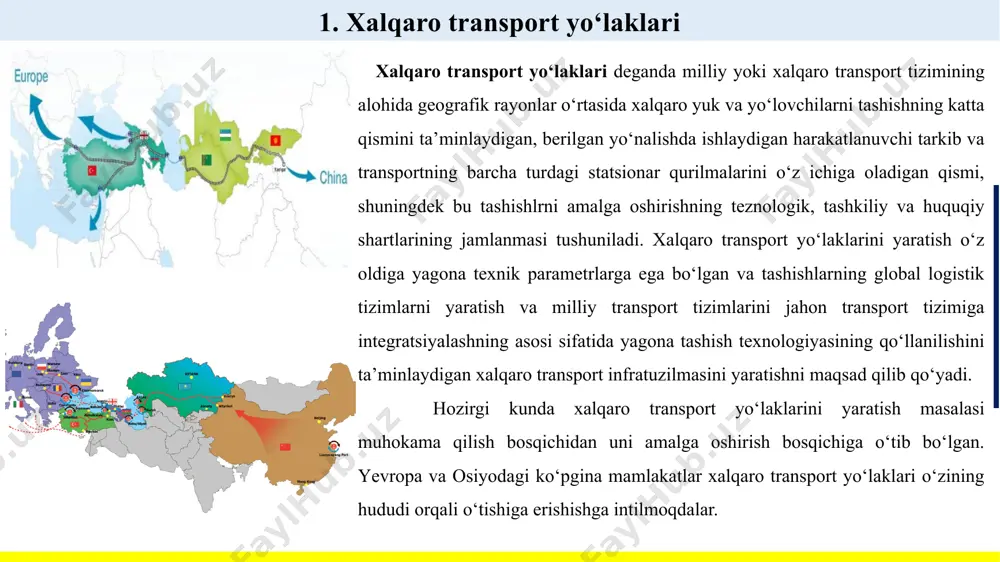 ga xorijiy investitsiyalar va sheriklarni jalb qilish hisobiga tashqi iqtisodiy aloqalarning rivojlanishi va eksport-import operatsiyalariga jahon standartlariga muvofiq transport-logistika xizmatlari ko‘rsatishning yuqori darajasining ta’minlanishi. yuk tashuvchilar va logistik vositachilarning xalqaro transport yo‘laklari bo‘ylab amalga oshiriladigan tashishlarning jahon inter-multimodal bozorida raqobatbardoshliligining ortishi. logistika markazlari tizimi va transport-logistika firmalarining xizmatlarini sertifikatlashtirish markazlari orqali mintaqa sub’yektlarining ijro hokimiyatining kuzatuvi ostida transport-logistika xizmatlari bozorini samarali monitoring qilish, nazorat va tartibga solish tizimini shakllantirish. 3. transport-logistika servisining zamonaviy amaliyoti global yetkazib berish zanjirlarida (jumladan xalqaro transport yo‘laklarida) amalga oshiriladigan logistik servisning, xususan tashishlarning o‘ziga xos xususiyatlari ma’lum bir logistik infratuzilmani yaratishni talab qiladi, uning asosiy ob’yektlari quyidagilar hisoblanadi: yuklarni konsolidatsiyalash, saralash, omborlarga joylashtirish va qayta yuklash uchun mo‘ljallangan yuk terminallari va ko‘p funksiyali terminal majmualarining rivojlangan tarmog‘i; import-eksport yuklar uchun bojxona, vaqtinchalik saqlash omborlari va bojxona rasmiylashtirishining (“tozalashining”) boshqa infratuzilma bo‘linmalari; transport kommunikatsiyalari (temir yo‘llar va avtomobil yo‘llari); avtomobillarga texnik xizmat ko‘rsatish stansiyalari, yoqilg‘i quyish …