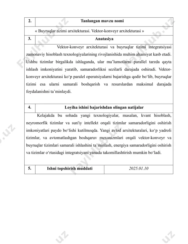 nveyr arxitekturasi parallel hisoblash imkonini beradi, ya’ni bir vaqtning o‘zida ko‘plab ma’lumotlar ustida ishlash mumkin. tezlik: bir nechta operatsiyalarni bir vaqtning o‘zida bajarish imkoniyati hisoblash tezligini oshiradi. bu arxitektura katta hajmdagi ma’lumotlarni tezda qayta ishlashda juda samarali. murakkab hisoblashlarni bajarish: vektor-konveyr arxitekturasi ilmiy hisoblashlarda, simulyatsiyalarda va grafik ishlov berishda ishlatiladi, chunki bu sohalarda kattaroq va murakkab hisoblashlarni bajarish zarur bo‘ladi. ko‘proq protsessorlar yoki vektorlar qo‘shish) ba’zida samaradorlikni sezilarli darajada oshirmasligi mumkin. agar dastur yoki operatsiya uchun parallel ishlash imkoniyatlari cheklangan bo‘lsa, ko‘proq protsessorlar qo‘shish samaradorlikni yaxshilamaydi va tizimning umumiy ishlashini pasaytirishi mumkin. vektor-konveyr arxitekturasi ba’zan tezda eskirishi mumkin. tizimlarning zamonaviy talablariga javob bera olish uchun doimiy ravishda yangilanib borish zarur. vektor-konveyr arxitekturasi ko‘plab afzalliklarga ega bo‘lsa-da, uning ba’zi kamchiliklari ham mavjud. cheklangan moslashuvchanlik, yuqori energiya sarfi, maxsus dasturiy ta’minot talab qilishi, samaradorlikni o‘zgaruvchanligi va yuqori narx kabi kamchiliklar tizimni keng qo‘llashni qiyinlashtirishi mumkin. bularning barchasi vektor-konveyr arxitekturasining samaradorligi va samarali …