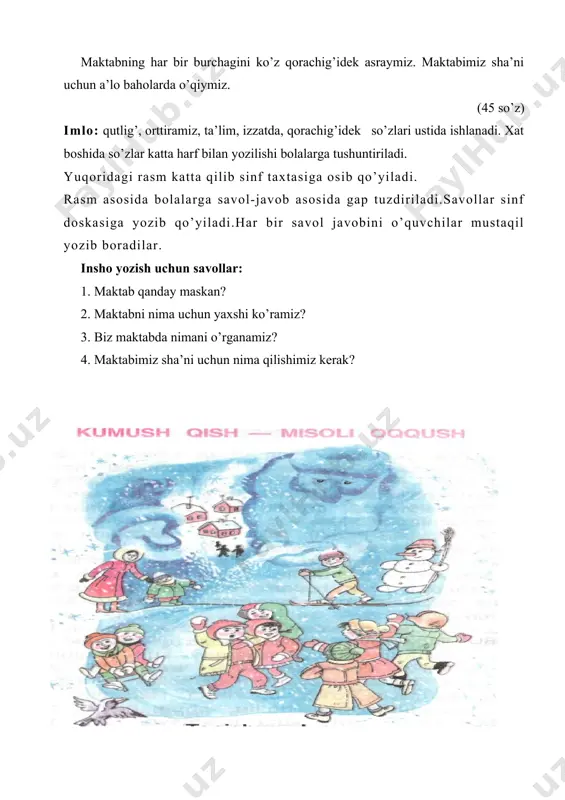 hovlisida nima qilishdi? ( 3 ta gap) “1-sentabr “mustaqillik kuni”” reja: 1. biz vatanimizni sevamiz. 2. 1-sentabr “mustaqillik kuni”. 3. biz vatanimizni asrab ardoqlaymiz. biz vatanimiz – o’zbekistonni onamizdek sevamiz. vatanimiz o’zbekiston 1-sentabr kuni mustaqil davlat deb e’lon qilingan. biz har yili bu kunni, katta bayram qilib nishonlaymiz. vatanimiz – o’zbekiston o’z bayrog’i, gerbi, madhiyasiga ega bo’ldi. ona vatanimiz go’zal va bepoyon. shuning uchun biz vatanimizni asrab ardoqlaymiz. uning gullab- yashnashi uchun o’z hissamizni qo’shamiz. (49 so’z) “hunarmand” qadim zamonda bir hunarmand o’tgan ekan. uning uchta o’gli bor edi. bir kuni usta betob bo’lib qoldi. bolalarini oldiga chaqirdi.ularga yaxshi odam bo’lishni, xalqqa xizmat qilishni nasihat qildi. usta olamdan o’tdi. ustaning bolalari meros talashishdi. katta o’gillari mol-dunyoni bo’lishib olishdi. kichik o’gli esa otasining shogirdlari oldiga bordi. hunar o’rgandi. hunarini ishga soldi. xalqqa xizmat qildi. xalq kichik o’gildan minnatdor bo’ldi. iv-sinflar uchun “sohibqiron bobomiz” reja: 1. amir temur yashi fazilatlar egasi. 2. …