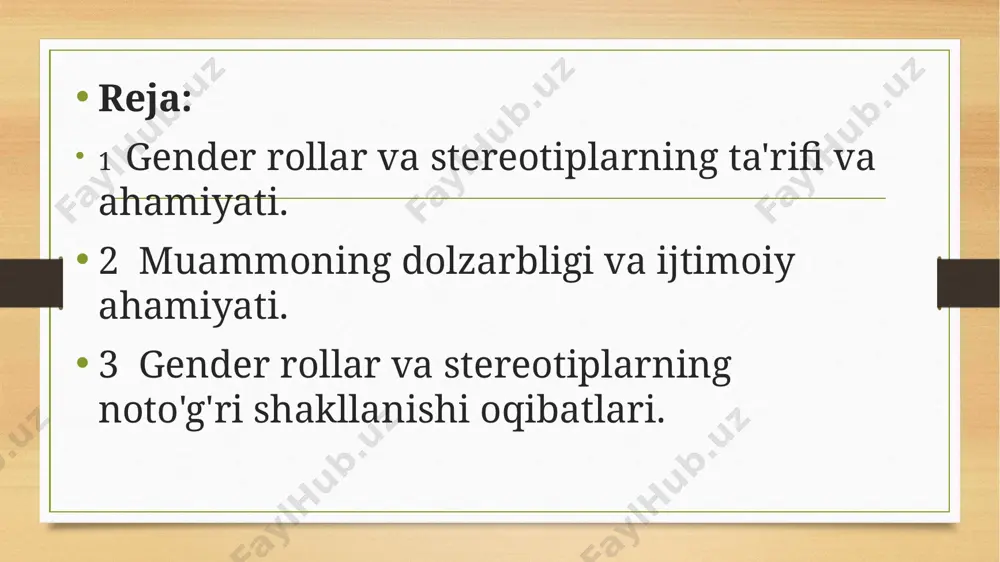 uchinchi guruhi erkaklar va ayollar oʻrtasidagi farqlikni mehnatning muayyan turlari bilan shugʻullanish jarayonida oʻz ifodasini topgan. jumladan, erkaklarga odatda ijodiy va yaratuvchanlik xarakteriga ega instrumental soha faoliyatidagi mashgʻulot va kasblar, ayollarga esa- bajaruvchi va xizmat koʻrsatuvchi xarakteri bilan farqlanuvchi ekspressiv sohalar xos deb hisoblanadi. shuning uchun "erkaklarga xos" va "ayollarga xos", deb ataluvchi kasblar mavjudligi toʻgʻrisidagi fikr keng tarqalgan. gender stereotiplar – ayollar va erkaklar haqidagi soddalashtirilgan, umumlashtirilgan va ko‘pincha noto‘g‘ri tasavvurlar. misol uchun, "ayollar mantiqsiz, erkaklar hissiyotsiz" yoki "ayollar matematikadan yaxshi emas, erkaklar esa raqsga tusha olmaydi" kabi fikrlar gender stereotiplariga misol bo‘ladi. gender stereotiplari tushunchasi va tasnifi [gender tushunchasi inson ijtimoiy hayotining muhim kategoriyalaridan biriga aylanib qoldi. jamiyatning bir jins vakillari uchun, xulq-atvor meʼyorlari va qoidalarining oʻziga xos yigʻindisi boshqa jinsga qoʻyiladigan talablardan farq qiladi. jamiyatda madaniyat erkaklar va ayollarga turli qadriyatlar va ijtimoiy xulq-atvor normalarini oʻgatib boradi va ularning buzilishini maʼqullamaydi. jamiyatning turli xil koʻrinishlarida gender tushunchalari …