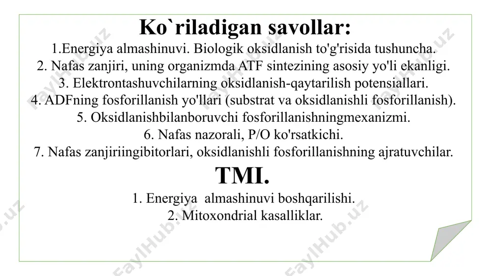 ikkala bog‘i emas, balki bitta bog‘i uziladi, so‘ngra kislorod molekulasi o‘sha modda bilan birikib, oraliq mahsulot sifatida peroksid hosil bo‘ladi. bu esa peroksidaza fermenti ta’sirida parchalanadi, ajralib chiqqan kislorod oksidlanuvchi substrat bilan birikadi va oksidlangan modda hosil bo‘ladi. 2. vodorodning faollashuv nazariyasi palladin va viland tomonidan yaratilgandir. bu nazariyaga ko‘ra metabolitlar oksidlanishi shu moddadan spetsifik degidrogenazalar ta’sirida h2 ajralishi bilan yuz beradi. palladinning fikriga ko‘ra ajralgan h2 xromogenlar bilan biriksa, vilandning fikricha esa o2 bilan birikadi. bu bir vaqtning o‘zida substratning oksidlanishi va pigmentning qaytarilishi bilan kechadi. shuning uchun bu jarayon oksidlarning qaytarilish jarayoni hisoblanadi. 3. varburgning elektrolitik nazariyasi. elektron tashuvchi omillar vositasida oksidlanuvchi metabolit elektroni hisobiga kislorodning faollashuvi asoslangan nazariyadir. bunda substratda elektronni kislorodga tashib beruvchi omil vazifasini, biologik oksidlanishda ishtirok etuvchi gemni fermentlarining tarkibidagi uch valentli temir elementi bajaradi. aktivlangan kislorod h+ ioni bilan birikib suv hosil qiladi: 4. biologik oksidlanishni zamonaviy nazariyasi yuqorida qayd etilgan uchala nazariyalarni …