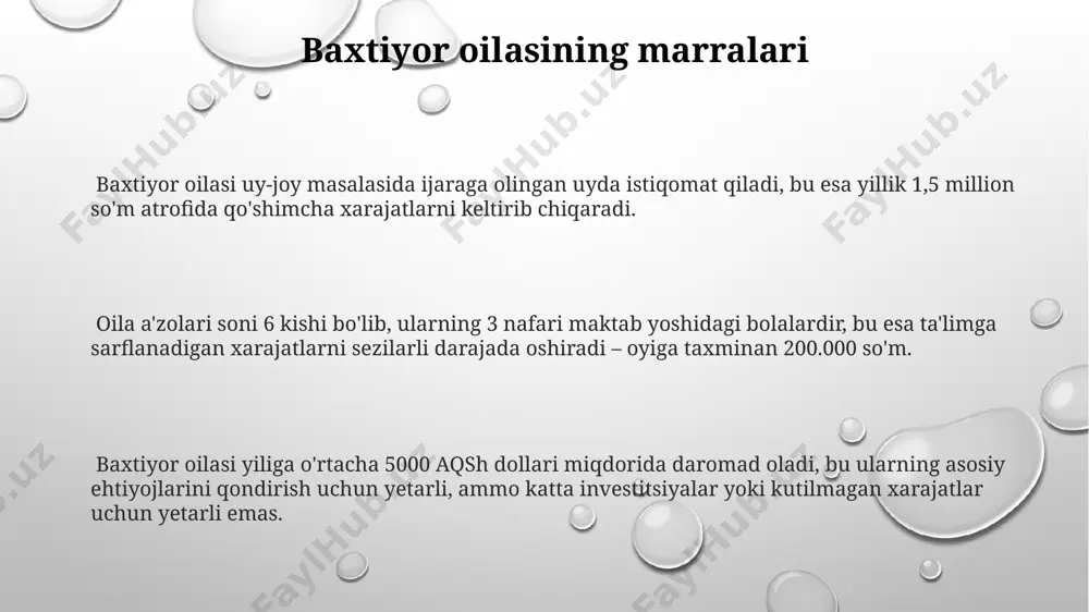 ajak rejalari ularning ta'limga bo'lgan investitsiyalari 2024 yilda 30% ga oshadi, farzandlari oliy ta'lim muassasalarida o'qishni davom ettirishlari va xorijiy tillarni mukammal o'rganishlari kutilmoqda. baxtiyor oilasi 2025 yilga kelib shahar chetida 3 xonali uy sotib olishni va uyning atrofini obodonlashtirishga 10,000 aqsh dollari miqdorida mablag' sarflashni mo'ljallamoqda. baxtiyor oilasi kelgusi 5 yil ichida o'z bizneslarini kengaytirishni, xodimlar sonini 20% ga oshirishni va yangi texnologiyalarni joriy etish orqali samaradorlikni 15% ga yaxshilashni rejalashtirmoqda. baxtiyor oilasining an’analari baxtiyor oilasi a'zolari har juma kuni kechqurun oilaviy kengash o'tkazib, 7 kunlik reja tuzib, oila a'zolari orasida vazifalarni taqsimlaydi. baxtiyor oilasida har yili 21-mart kuni navro'z bayrami katta shov-shuv bilan, 10 dan ortiq yaqin qarindoshlar ishtirokida nishonlanadi, an'anaviy o'yinlar va milliy taomlar bilan. oilada 5 avlod davomida qo'l mehnati bilan yaratilgan 30 dan ortiq qo'lda ishlangan gilam va dasturxonlar saqlanadi, ular oilaning tarixiy merosi hisoblanadi. oila a’zolari oilada ota-ona va uch farzanddan iborat bo‘lib, ularning …