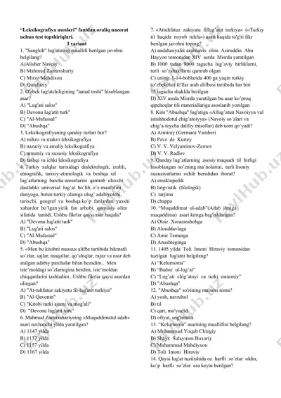 leksikografiya asoslari test topshiriqlari — DOCX