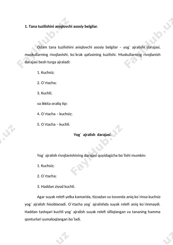 asosini pastga qaratib qo`yilgandagi formaga o`xshaydi. qorin tuzilishi. 3 xil qorin tuzilishi mavjud: 1. ichiga tortilgan; 2. tekis; 3. dumaloq, do`ppayib chiqib turgan. andom tuzilishi. quyidagilar kiradi: 1. normal; 2. bukchaygan; 3. to`g`ri. normal umurtqa pog`onasining hamma bo`limlari to`lqinsimon. to`g`ri umurtqa pog`onasining hamma bo`limlari tekislangan. bukchaygan umurtqa pog`onalari to`lqinsimon. bu belgilarni o`zgartirib odamning tashqi ko`rinishini o`zgartirish mumkin. shunga o`xshab har xil tana tuzilishining tiplarini aniqlash mumkin. 2. bunak bo`yicha erkaklar tana tuzilishi tiplari. erkaklarning tana tuzilishiga qarab 7 ta tip aniqlanadi. bulardan 3 tasi asosiy: 1. ko`krakdor tip; 2. muskullari rivojlangan tip; 3. qorindor tip. ko`krakdor tip – unchalik semiz emas, muskullari ozgina rivojlangan, ko`krak qafasi yassi, qorni tortilgan, bukchaygan. muskullari rivojlangan tip terisida yog` qatlami o`rtacha, muskullari o`rtacha yoki juda rivojlangan, ko`krak qafasi tsilindrik shaklda, orqasi tekis. qorindor tip – semiz, muskullari o`rtacha yoki kam rivojlangan, ko`krak qafasi qonussimon, qorin dum-dumaloq bo`lib chiqib turadi, bukchaygan yoki oddiygina. qo`shimcha tana …