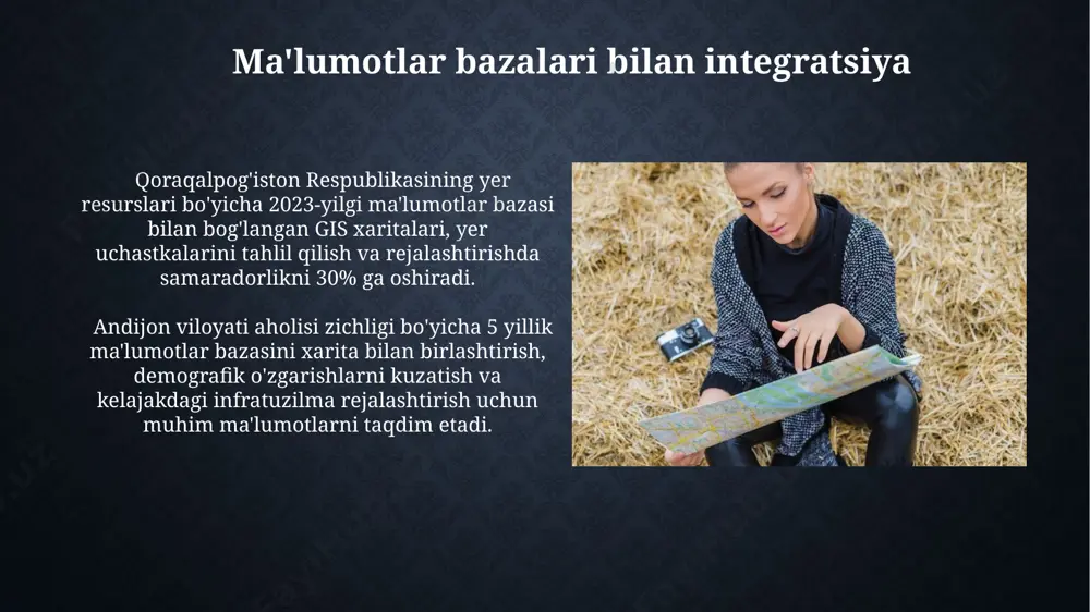 a xaritalashda 15% ga yaqin aniqlik bilan ma'lumotlar olish mumkin. gis dasturlari misollari qgis, ochiq manbali gis dasturi, 200-dan ortiq mamlakatda foydalaniladi va braziliya, hindiston kabi rivojlanayotgan mamlakatlardagi tadqiqotchilar tomonidan keng qoʻllaniladi. mapinfo pro, 1980-yillardan beri mavjud boʻlgan va 50 dan ortiq mamlakatda geomaʼlumotlarni boshqarish uchun ishlatiladigan, rossiya va aqsh kabi rivojlangan mamlakatlarda keng tarqalgan gis platformasidir. interaktiv xaritalar yaratish interaktiv xaritalarni yaratishda foydalanuvchilar 3d modellashtirish orqali, masalan, toshkent shahrining 100 dan ortiq binolarini 3d ko'rinishida qo'shishi va ular orasida virtual sayr qilish imkoniyatini taqdim etishi mumkin. interaktiv xarita yaratish jarayonida foydalanuvchilar 5000 dan ortiq turli belgilar (markerlar) dan foydalanib, ma'lumotlarni aniq va tushunarli tarzda ko'rsatishlari mumkin, masalan, samarqanddagi tarixiy joylarni belgilashda. ma'lumotlarni import qilish va export qilish qoraqalpog'iston respublikasining yer uchastkalari haqidagi 2023-yilgi ma'lumotlar bazasini arcgis proqramidan dxf formatida eksport qilishda, chiziqlar va poligonlarning aniqligi va qatlam nomlarining to'g'riligiga e'tibor berish kerak. toshkent shahri atrofidagi 5 km radiusdagi hududning …