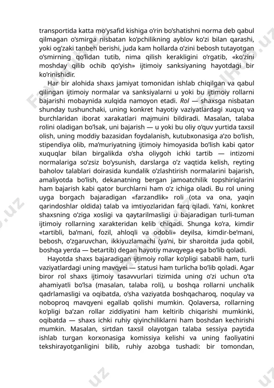 n biror xonaga kirib kelgan insonning kim bo’lishidan qat’iy nazar, «assalomu alaykum» deb kelishi — norma; o’quvchining o’qituvchi bergan topshiriqlarni bajarishi lozimligi — norma; xotinning er hurmatini o’rniga qo’yishi, qaynonaga gap qaytarmaslik — norma; avtobusda yoki boshqa jamoat transportida kichikning kattalarga, nogironlarga o’rin bo’shatishi — norma va hokazo. bu normalarni ayrim-alohida odam ishlab chiqmaydi, ular bir kun yoki bir vaziyatda ham ishlab chiqilmaydi. ularning paydo bo’lishi ijtimoiy tajriba, hayotiy vaziyatlarda ko’pchilik tomonidan e’tirof etilganligi fakti bilan xarakterlanadi, har bir jamiyat, davr, millat va ijtimoiy guruh psixologiyada muhrlanadi. ijtimoiy normalarning u yoki bu davrda, u yoki bu toifa vakili bo’lmish shaxs tomonidan qay darajada bajarilishi yoki unga amal qilinayotganligi ijtimoiy sanksiyalar orqali nazorat qilinadi. ijtimoiy sanksiyalar - normalarning shaxs xulqida namoyon bo’lishini nazorat qiluvchi jazo va rag’batlantirish mexanizmlari bo’lib, ularning borligi tufayli biz har bir alohida vaziyatlarda ijtimoiy xulq normalarini buzmaslikka, jamoatchilikning salbiy fikri obyektiga aylanib qolmaslikka harakat qilamiz. masalan, yuqoridagi …