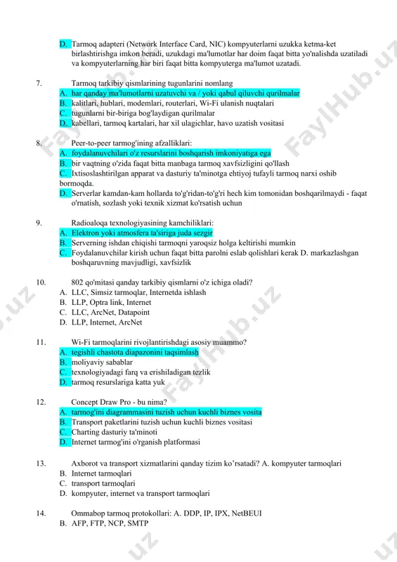 unchalarini sanab o'tadigan javobni ayting: a. o'ralgan juftlik kabeli, koaksiyal kabel, optik tolali kabel, raqamli kanal, havo b. netbios / netbeui, spx, tcp c. tarmoq manzillari, routerlar, internetda ishlash d. tcp, ncp, snmp 6. tarmoq adapterining ta'rifi ko'rsatilgan to'g'ri javobni toping: a. tarmoq adapteri (network interface card, nic) - bu to'g'ridan-to'g'ri yoki boshqa aloqa uskunalari orqali uni boshqa kompyuterlar bilan bog'laydigan ma'lumotlarni uzatish vositasi bilan bevosita o'zaro aloqada bo'lgan kompyuterning periferik qurilmasi. b. yulduzli tarmoq konfiguratsiyasida ulanish va bog'lanish chizig'ining markaziy nuqtasi bo'lib xizmat qiladigan, osi tarmog'i modelining fizik pog’onaida ishlaydigan tarmoq qurilmasi. c. tarmoq modelining tarmoq darajasida ishlaydigan va ikki yoki undan ortiq tarmoq segmentlarini (yoki pastki tarmoqlarini) bog'lashi mumkin bo'lgan tarmoq aloqa moslamasi. d. tarmoq adapteri (network interface card, nic) kompyuterlarni uzukka ketma-ket birlashtirishga imkon beradi, uzukdagi ma'lumotlar har doim faqat bitta yo'nalishda uzatiladi va kompyuterlarning har biri faqat bitta kompyuterga ma'lumot uzatadi. 7. tarmoq tarkibiy qismlarining tugunlarini …