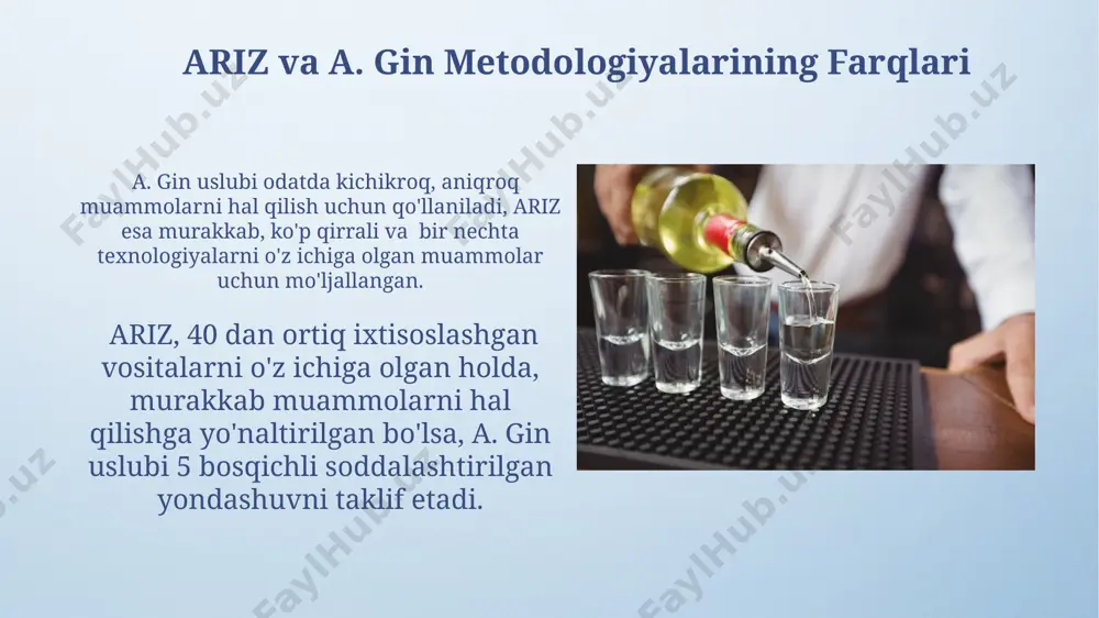ni soddalashtirish va ularning yechimlarini sistematik ravishda topishga qaratilgan. ushbu metodologiya, muammoning 9 ekranli modelini qo'llagan holda, uning ichki qarama-qarshiliklarini aniqlash va ularni 76 ta ixtisoslashgan vositalar yordamida hal qilishga yordam beradi. ariz va a. gin metodologiyalarining qo'llanilishi ariz, 40 dan ortiq standart vazifalarni hal qilishda yordam beradigan, murakkab texnik muammolarni sistemali tahlil qilish uchun qo'llaniladi va muvaffaqiyat darajasi 80% ga yetadi. ikkala metodologiya ham, innovatsion muhandislik va dizayn loyihalarida, masalan, avtomobilsozlik yoki elektronika sohalarida, muammolarni samarali hal qilish uchun birgalikda qo'llanilishi mumkin. e'tiboringiz uchun rahmat @taqdimot_robot image4.png image5.jpg image6.jpg image7.jpg image8.jpg image9.jpg image10.jpg image11.jpg image12.jpg image13.jpg image14.jpg image15.jpg image3.jpeg