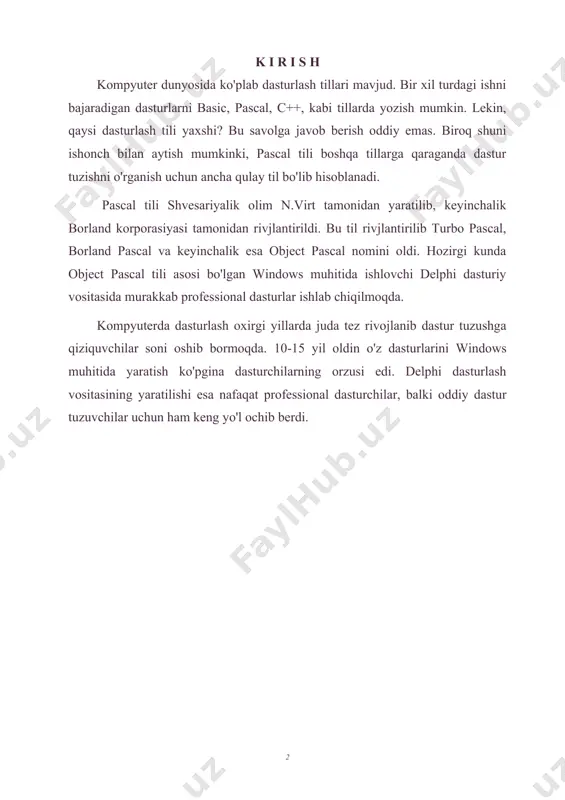 h ko'pgina dasturchilarning orzusi edi. delphi dasturlash vositasining yaratilishi esa nafaqat professional dasturchilar, balki oddiy dastur tuzuvchilar uchun ham keng yo'l ochib berdi. 1.1. dasturlash til elementlari ҳозирги кунда жуда кўп алгоритмик тиллар мавжуд. бу тиллар ичида паскал тили универсал тиллардан бири бўлиб, бошқа тилларга қараганда имкониятлари кенгроқ тилдир. сўнги йилларда паскал тили жуда такомиллашиб, тобора оммалашиб бормоқда. паскал тилида програма тузиш учун турбо паскаль ва дельфи дастурлаш воситалари мавжуд. бу дастурлаш воситалари замонавий компьютер технологиясининг ҳамма талабларини ўз ичига олган ва унда дастур тузувчи учун ҳамма қулайликлар яратилган. delphi дастурлаш воситаcи turbo pascal тилининг ривожи бўлган object pascal тилини ишлатади. ҳозирги кунда бу тилга жуда кўплаб янгиликлар киритилган унинг имкониятлари янада кенгайтирилган, шу сабаб бу тилни delphi тили деб ҳам аташ мумкин. delphi тили ҳам бошқа дастурлаш тиллари каби ўз алфавитига ва белгиларига эга. у 26 бош лотин ҳарфларини, 0 дан 9 гача бўлган араб рақамларини ва қуйидаги белгиларни …