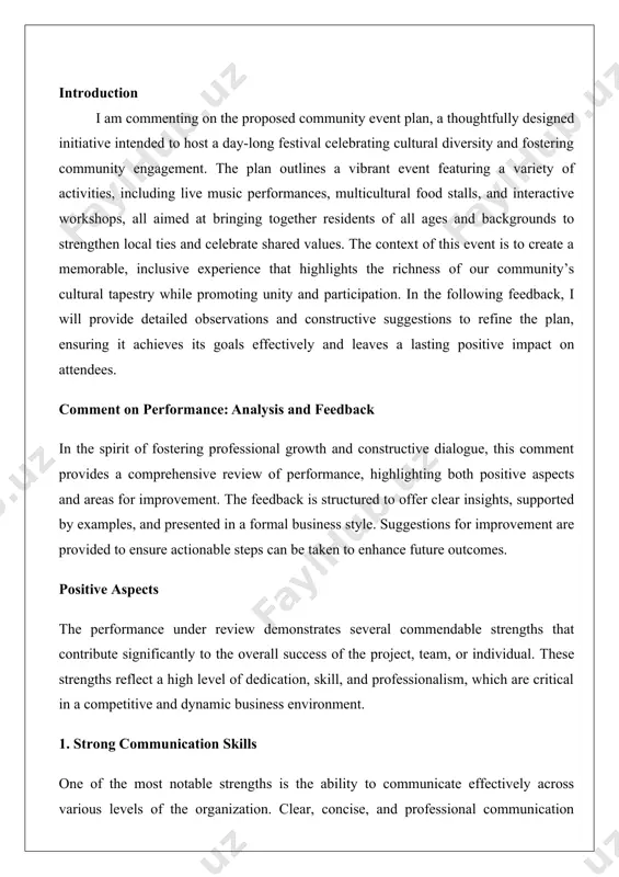 l communication fosters collaboration and ensures that objectives are well-understood by all stakeholders. for instance, during team meetings, presentations are delivered with clarity, using visual aids and structured arguments to convey complex ideas. this was particularly evident in the recent project update meeting, where the presenter successfully articulated the project’s progress, addressing questions with confidence and precision. such communication not only builds trust but also enhances team cohesion and ensures alignment with organizational goals. 2. proactive problem-solving another key strength is the proactive approach to problem-solving. rather than waiting for issues to escalate, there is a consistent effort to anticipate challenges and address them before they become significant obstacles. for example, during the implementation of a new software system, potential integration issues were identified early through thorough testing. by collaborating with the it department and proposing a phased rollout, disruptions were minimized, and the transition was seamless. this forward-thinking mindset …