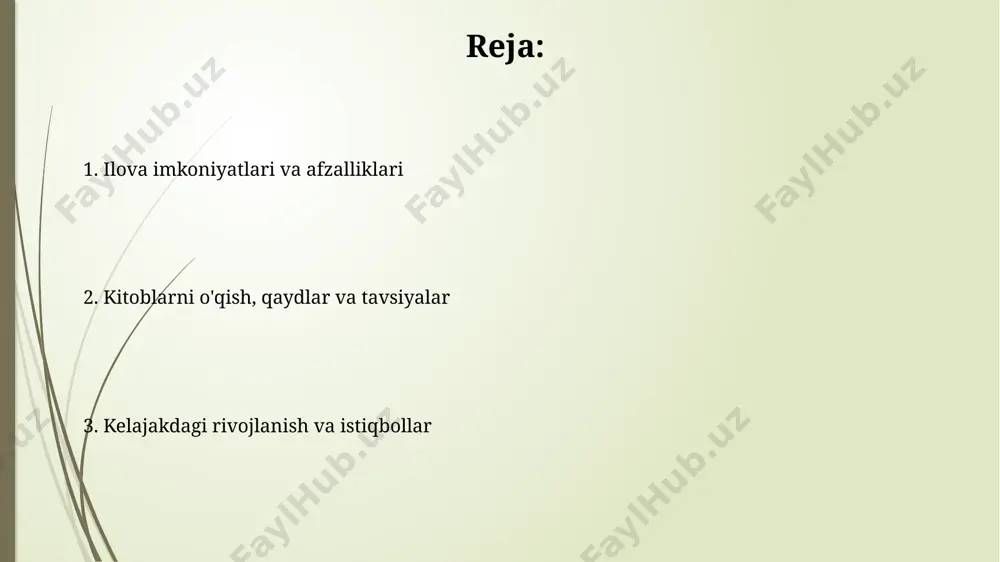ntning 10 dan ortiq turli janrlarini o'z ichiga oladi, bu esa o'quvchilarning keng doirasini qondirish uchun mo'ljallangan. ilova haqida umumiy ma'lumot raqobatchilar tahlili raqobatdosh tahlil shuni ko'rsatdi: bozorda o'rtacha 4 ta asosiy funksiya mavjud. foydalanuvchilar 90% holatlarda interaktivlikni afzal ko'rishadi, lekin atigi 10% holatlarda audio kitoblarga e'tibor qaratishadi. raqobatdosh tahlil shuni ko'rsatadiki, 3 ta asosiy raqobatchi ushbu sohada 70% bozor ulushiga ega. ularning o'rtacha bahosi 4.5 yulduzdan yuqori bo'lib, bu foydalanuvchilarning yuqori qoniqish darajasini aks ettiradi. xulosa xulosa tadqiqotning yakuniy fikrini aks ettiradi, unda mavzuning dolzarbligi, tadqiqotning ahamiyati va olingan natijalarning 5 asosiy jihati keltiriladi. xulosa qismida asosiy fikrlarni 3-5 ta asosiy nuqtada jamlang, maqolaning o'zak mohiyatini qisqa va lo'nda qilib bayon eting. tadqiqot natijalarining 80 foizini mazkur qismda xulosalang. integratsiya integratsiya kitob o'qish ilovasiga 3-tomon xizmatlarni integratsiya qilish foydalanuvchilarga 10 mingdan ortiq qo'shimcha kitoblar va 5 ta yangi notalarni sinxronlashtirish imkonini beradi. integratsiya kitob o'qish imkoniyatlari kitob o'qish imkoniyatlari …