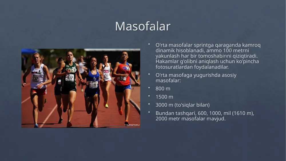 ortchilar ko'pincha 400 metrga (sprint) yoki 5000 metrga (uzoq masofaga) musobaqalarda qatnashadilar. ba'zida o'rta masofaga yuguruvchilar finalga chiqishga muvaffaq bo'lishadi, ammo final poygalarida g'alaba qozona olmaydilar. ushbu intizomdagi eng yaxshi yuguruvchilar efiopiya va keniyadan. 800 metrga yugurish bo'yicha mashhur sportchi - keniyalik devid rudisha . jazoirlik yuguruvchi tavfik 1500 m masofaga yugurishda mashhur maxlufi 800 m masofaga yugurishda muvaffaqiyatli ishtirok etgan va bir necha bor medal sohibi bo'lgan. tugatish yakunlash 200-400 metrdan so'ng oxirgi aylanada amalga oshiriladi. torso egilishi va qadam chastotasining ortishi bilan birga. tugatish tezlashishi spurt deb ataladi. marraga 1 metr qolganda sprintingda faol qo'llaniladigan usullar qo'llaniladi - ko'krak yoki elka bilan o'tish. qisqа vа oʼrtа mаsаfаlаrgа yugurish tаrixi yugurish – yengil atletikaning mustaqil turi va koʼpgina boshqa sport turlarining tarkibiy qismini tashkil qiladi. yugurishning toʼrtta turi bor: tekis yugurish – 400 m gacha qisqa masofalar; oʼrta masofalarga – 800 va 1500 m; uzun masofaga – 10000 m; …