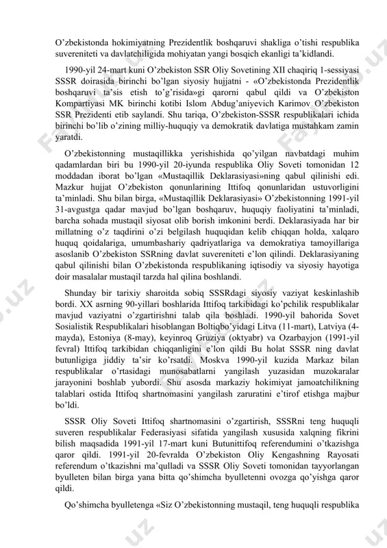 kazila boshlandi, uni o’rganishni yaxshilash yuzasidan aniq chora-tadbirlar belgilandi. ayni vaqtda rus tilini va respublikada yashovchi boshqa xalqlarning tillarini o’rganish uchun shart-sharoitlar yaratilishi lozim edi, tilni o’rganishning ixtiyoriyligi va uni tanlash huquqi qonunda belgilab qo’yildi. bu qonunning qabul qilinishi o’zbek xalqi, shu xalq milliy o’z-o’zini anglashining o’sishi, respublikada millatlararo hamjihatlikning saqlanib qolishi uchun juda katta ahamiyatga ega bo’ldi. davlat tili haqidagi qonun qabul qilinganidan so’ng milliy o’zlikni anglash, milliy davlatchilikni tiklash yo’lida respublikada yana bir tarixiy ahamiyatga ega bo’lgan muhim siyosiy qadam qo’yildi. 1990-yil 23-martda o’zbekiston kompartiyasi markaziy komitetining plenumida respublika siyosiy tizimi to’g’risidagi masala ko’rib chiqildi. unda o’zbekistonda hokimiyatning prezidentlik boshqaruvi shakliga o’tishi respublika suvereniteti va davlatchiligida mohiyatan yangi bosqich ekanligi ta’kidlandi. 1990-yil 24-mart kuni o’zbekiston ssr oliy sovetining xii chaqiriq 1-sessiyasi sssr doirasida birinchi bo’lgan siyosiy hujjatni - «o’zbekistonda prezidentlik boshqaruvi ta’sis etish to’g’risida»gi qarorni qabul qildi va o’zbekiston kompartiyasi mk birinchi kotibi islom abdug’aniyevich karimov o’zbekiston ssr …