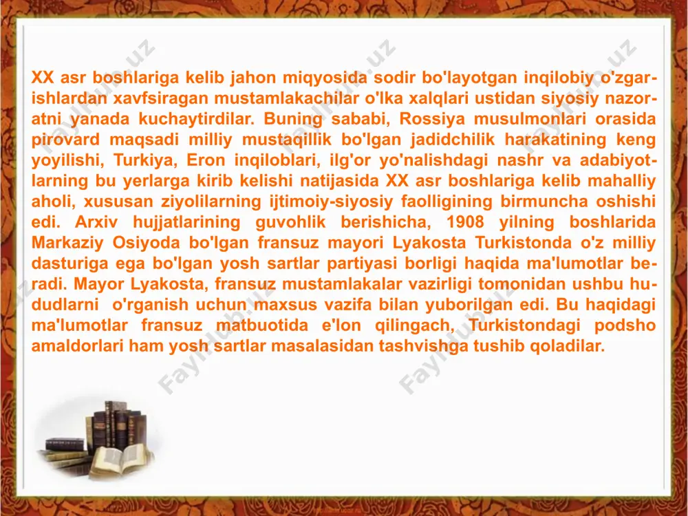 ulla avloniy, sadriddin ayniy, fayzulla xo'jayev, toshpo'latbek norbo'tabekov, abdurauf fitrat va boshqalarning xizmatlari beqiyos bo'ldi. turkiston o'lkasidagi dastlabki taraqqiyparvar jamiyatlar, tadqiq etilgan manbalar bergan ma'lumotlarga ko'ra, 1905-1907 yilgi birinchi rus inqilobidan so'ng, eron va turkiyadagi ijtimoiy-siyosiy harakatlar ta'sirida vujudga kelgan. osiyo mamlakatlaridagi inqilobiy harakatlar, musulmon dunyosidagi, xususan, turkistondagi ijtimoiy-siyosiy va diniy fikrlarning taraqqiyotida muhim bosqich bo'lib xizmat qildi. 1904-1905 yillardagi rus-yapon urushida rossiyaning mag'lubiyati imperiyadagi barcha ezilgan xalqlar oldida mustabid podsho tuzumi obro'sini keskin tushishiga olib keldi. bu esa siyosiy fikrlar rivojiga turtki berib, milliy ozodlikka erishish orzularini ushalishiga ishonch uy g'otdi. sharqdagi inqiloblar va o'lkaga u yerlardan kirib kelgan turli xil g'oyaviy oqimlar bu yerlardagi muxolif kuchlarning birlashishi, milliy-siyosiy tashkilotlar holiga kelishi va rivojlanishi uchun muhim omil bo'lib xizmat qildi. umumiy diniy va milliy maqsadlar yo'lidagi mushtaraklik rossiyaning ilg'or musulmon ziyolilarini yagona g'oya tevaragida jipslashishga chorladi. va nihoyat, 1905 yilning 15 avgustida nijniy novgorodda rossiya musul­mon­larining i s'yezdi chaqirildi. …