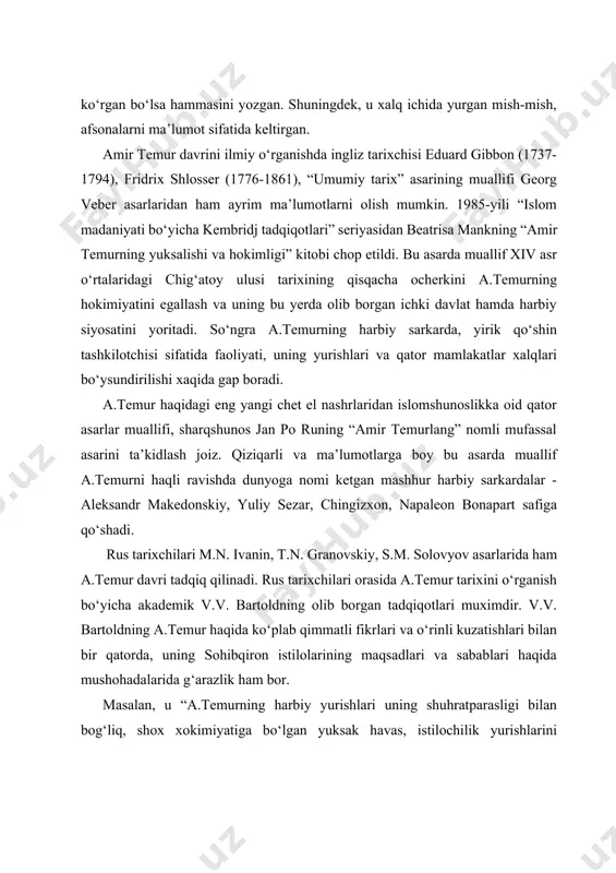 a, uning sohibqiron istilolarining maqsadlari va sabablari haqida mushohadalarida g‘arazlik ham bor. masalan, u “a.temurning harbiy yurishlari uning shuhratparasligi bilan bog‘liq, shox xokimiyatiga bo‘lgan yuksak havas, istilochilik yurishlarini boshlashga olib keladi”[footnoteref:2], - deganda juda ham haq emas. bundan tashqari, bartoldning asarlarida masalaning siyosiy-iqtisodiy tomoni sust yoritilgan. [2: собрание восточных рукопией академии наук узбекистана. история. составители: д.ю.юсупова, р.п.жалилова. – ташкент, фан, 1998. – 536-c] a.y. yakubovskiy (1886-1953) ning tadqiqotchilik ishlari ham bevosita bartold ishlariga o‘xshashdir. u ham a.temurning bir tomonini yomonlab, boshqa tomonlarini maqtash ohangida yozgan. yakubovskiyning qat’iy xulosasi quyidagicha edi: “a.temur - chuqur ziddiyatlarga ega bo‘lgan arbobdir”. o‘rta osiyodagi faoliyatining ijobiy tomonlari ko‘p edi. lekin baribir u jahon tarixiga shafqatsiz istilochilardan biri sifatida abadul-abad kirdi.klavixoning amir temur huzuriga qilgan elchilik sayohati juda uzoq, xavf-xatar va mashaqqatlar bilan to‘la safar bo‘ldi. klavixo va uning hamrohlari ispaniyaning janubi-sharqiy tarafida joylashgan kadis shahridan yelkanli kemada o‘rta yer dengizi bo‘ylab suzdilar, so‘ngra istanbul, trabzon, …