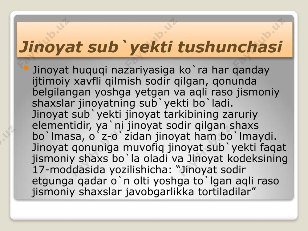 quqiy javobgarligi to`g`risidagi masala qo`zg`atilishi mumkin. yuqoridagilardan xulosa qilib aytish mumkinki, jinoyat sub`yekti faqat jismoniy shaxs, ya`ni insongina bo`la oladi. aqli rasolik, bu jinoyat sub`yektining zaruriy belgilaridan biridir. jinoyat kodeksining 18-moddasida: «jinoyat sodir etish vaqtiida o`z qilmishining ijtimoiy xavfli xususiyatini anglagan va o`z harakatlarini boshqara olgan shaxs aqli raso deb topiladi», deyiladi. shunga ko`ra “ijtimoiy xavfli qilmishni sodir etish vaqtida aqli noraso holatda bo`lgan, ya`ni surunkali ruhiy kasalligi, ruhiy holati vaqtincha bo`zilganligi, aqli zaifligi yoki boshqa tarzdagi ruhiy kasalligi sababli o`z harakatlarining ahamiyatini anglay olmagan yoki harakatlarini boshqara olmagan shaxs javobgarlikka tortilmaydi”(jinoyat kodeksining 18-moddasi 2-qismi). lekin bu aqli noraso shaxsga qilmishi uchun hech qanday chora ko`rilmaydi, degani emas. ijtimoiy xavfli qilmishni sodir etgan va sud tomonidan aqli noraso deb topilgan shaxsga nisbatan tibbiy yo`sindagi majburlov choralari qo`llanilishi mumkin(18-modda 3-qismi). tibbiy yo`sindagi majburlov choralari bemor shaxsga hukm e`lon qilingunga qadar yoki belgilangan jazoni o`tayotgan vaqtida yoki ozodlikda qoldirilgan, ammo uning harakatlari …