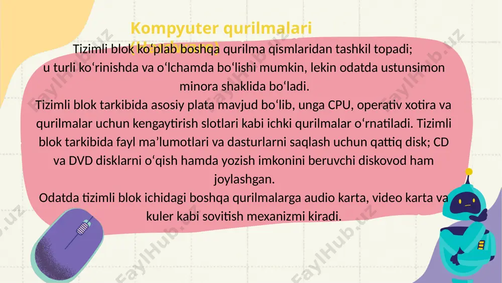 i. ushbu dastur va maʼlumotdan foydalanish uchun ularni protsessor xotirasiga qayta joylashtirish lozim. ushbu saqlash qurilmasi zaxiradagi xotira, ikkilamchi xotira yoki tashqi xotira deb ham ataladi. bu nomlarning barchasi ayni bir qurilmani anglatadi thank you image1.png image10.png image11.png image12.png image13.png image2.png image3.png image4.png image5.png image6.png image7.png image8.png image9.png image14.png image15.png image16.png image17.png image18.png image19.png image20.png image21.png image22.png image23.png image24.png image25.png image26.png image27.png image28.png image29.png image30.png image31.png image32.png image33.png image34.png image35.png image36.png image37.png image38.png image39.png image40.png image41.png image42.png image43.png image44.png image45.png image46.png image55.png image56.png image57.png image58.png image47.png image48.png image49.png image50.png image51.png image52.png image53.png image54.png image59.png image60.png image61.png image62.png image63.png image64.png image65.png image66.png image67.png image68.png image69.png image70.png image71.png image72.png image73.png image74.png image75.png image76.png image77.png image78.png image79.png image80.png image81.png image82.png image83.png image84.png image85.png image86.png image87.png image88.png image89.png image90.png