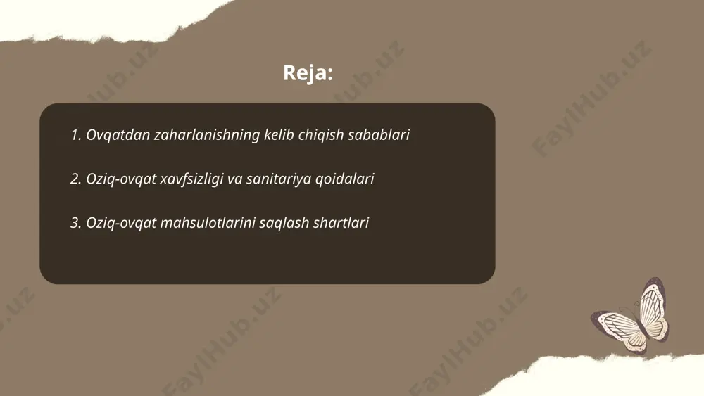 ahsulotlarini saqlash shartlari oziq-ovqat xavfsizligi va sifatini ta’minlash uchun muhimdir. masalan, go'sht va sut mahsulotlari +0°c dan +4°c gacha bo'lgan haroratda saqlanishi kerak, sabzavot va mevalar +2°c dan +8°c gacha. quruq oziq-ovqat mahsulotlari, masalan, makaron va un, 18°c dan past haroratda, quruq va salqin joyda saqlanishi lozim. muzlatilgan mahsulotlar -18°c va undan past haroratda saqlanishi tavsiya etiladi. havoning namligi 60-75% orasida bo'lishi kerak. saqlash muddatlari uchun har bir mahsulotning yaroqlilik muddatiga e'tibor berish muhimdir. ... t.me/slaydai_bot 4. harorat ta'siri va oziq-ovqat zaharlanishi harorat ta'siri oziq-ovqat mahsulotlarining saqlanish muddatiga va sifatiga bevosita ta'sir qiladi. haroratning optimal diapazoni 0°c dan 5°c gacha bo'lib, sovuq saqlash bakteriyalarning o'sishini sekinlashtiradi. 20-30°c oralig'ida esa, bakteriyalar aniqroq o'sa boshlaydi, bu oziq-ovqat zaharlanishiga olib kelishi mumkin. salmonella, escherichia coli va listeria kabi bakteriyalar 37°c atrofida eng tez o'sadi. oziq-ovqat zaharlanishi markaziy osiyoda har yili minglab insonlarni zararlaydi, o'rtacha har 100 ming aholiga 200-300 holat to'g'ri keladi. shuning …