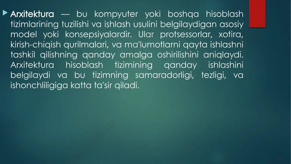 terlar qurila boshladi. muhim elementlar: bitta xotira: dastur kodi va ma'lumotlar bir joyda saqlanadi. umumiy shina: protsessor, xotira va kirish-chiqish qurilmalari bitta umumiy yo‘lak orqali bog‘lanadi. afzalliklari: oson dasturlash va umumiy tizimlar uchun mos. kamchiliklari: von neumann bottle neck: protsessor va xotira o‘rtasidagi umumiy yo‘lakda tarmoq hosil bo‘lishi mumkin, bu tizimning ishlash tezligini pasaytiradi. harvard arxitekturasi (1940-yillar): harvard arxitekturasi dastur kodi va ma'lumotlar uchun alohida xotira va shinalardan foydalanadigan model hisoblanadi. ushbu arxitektura harvard mark i kompyuterida birinchi marta qo‘llanilgan bo‘lib, dastur kodini va ma'lumotlarni bir-biriga aralashtirmasdan alohida boshqarish imkoniyatini beradi. harvard arxitekturasi tarixi: 1944-yil: harvard mark i kompyuteri ishlab chiqiladi. 1940-1950-yillar: ko‘plab ilmiy hisoblash tizimlari harvard arxitekturasidan foydalandi. muhim elementlar: alohida xotira: dastur kodi va ma'lumotlar uchun ikki xil xotira ishlatiladi. alohida shinalar: kod va ma'lumotlar alohida shinalar orqali protsessorga yetkaziladi. afzalliklari: protsessor dastur kodi va ma'lumotlarni bir vaqtning o‘zida qayta ishlashi mumkin, bu esa tezlikni oshiradi. kamchiliklari: arxitektura …