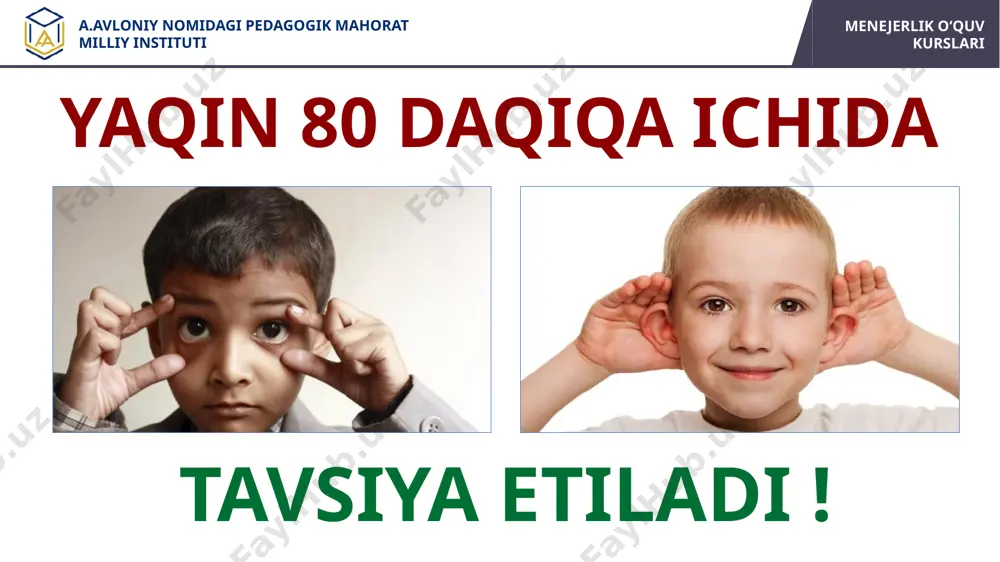 sion yondashuvlar. a.avloniy nomidagi pedagogik mahorat milliy instituti menejerlik o‘quv kurslari baholash natijalarini tahlil qilishda swot-tahlil usulidan foydalanish mumkin. 1. eng dolzarb 10 ta muammoni ajratib olish 2. muammoni yuzaga keltirgan sabablarni aniqlash “top-10” strategiyasini qo‘llash algoritmi 3. muammoni hal etish bo‘yicha vazifalarni belgilash 4. vazifalarni amalga oshirish mexanizmini ishlab chiqish 5. vazifalarni amalga oshiruvchi mas’ullarni belgilash 6. vazifalarning bajarilganligini tahlil va nazorat qilish a.avloniy nomidagi pedagogik mahorat milliy instituti menejerlik o‘quv kurslari s – (specific) – aniq, mahsus m – (measurable) – o‘lchanadigan a – (attainable) – erishish mumkin bo’lgan r – (relevant) – mos, muvofiq t – (time-bound) – vaqt bilan chegaralangan smart maqsadlar a.avloniy nomidagi pedagogik mahorat milliy instituti menejerlik o‘quv kurslari feedback ishtirokchilar o‘tilgan mashg‘ulot bo‘yicha fikr-mulohaza bildirishadi e’tiboringiz uchun rahmat! a.avloniy nomidagi pedagogik mahorat milliy instituti image1.png image2.png image3.jpeg image4.jpeg image5.jpeg image9.png image6.png image7.png image8.png image10.jpeg image11.jpeg image12.jpeg image13.png image14.png image15.png image16.png image17.png image18.png image19.jpeg …