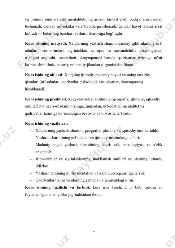 l o‘ynaydi. tog‘li, dasht, cho‘l, dengiz bo‘yidagi yoki o‘rmonli hududlarda yashovchi xalqlar bir-biridan keskin farq qiluvchi hayot tarzi, urf-odat va ish faoliyatiga ega bo‘lishadi. masalan, tog‘li hududlarda yashovchi xalqlarda o‘zaro jamoaviy yordam, kuchli birdamlik va mehnatsevarlik qadriyatlari shakllangan. shu bilan birga, iqlim sharoiti ham insonlarning xarakteriga, sabr-toqatiga, kuchli iroda va chidamliligiga bevosita ta’sir ko‘rsatgan[footnoteref:2]. o‘ta issiq yoki sovuq hududlarda yashovchi xalqlarning kundalik hayoti, kiyinish madaniyati, ovqatlanish odatlari, bayramlar va marosimlari ham shu sharoitlarga moslashgan. [2: ahmadov, m. (2019). xalq psixologiyasi va madaniyat. toshkent: fan va texnologiya ] ikkinchidan, ijtimoiy omillar xalqlarning yashash sharoitida muhim ahamiyat kasb etadi. bu omillar ichiga xalqning tarixiy taraqqiyot bosqichlari, diniy e’tiqodlari, oila va mahalla tizimi, ta’lim darajasi, gender rollari va boshqalar kiradi. misol uchun, o‘zbek xalqida mahalla instituti ming yillar davomida ijtimoiy birdamlik, o‘zaro yordam, oila qadriyatlari va ahloqiy tarbiya markazi bo‘lib kelgan. yashash sharoiti og‘ir bo‘lgan joylarda ko‘proq kollektiv ong, jamoaviy madaniyat shakllanadi; farovon …