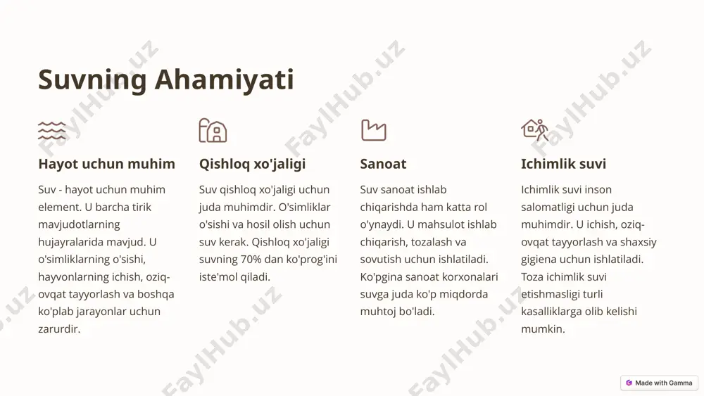 lar, suvning sifati va miqdorini monitoring qilish tizimlari va suvni qayta ishlatish texnologiyalari suvni samarali ishlatishga yordam beradi. 4 xabardorlik suvning ahamiyati to'g'risida xabardorlikni oshirish suvni saqlashga yordam beradi. bu odamlarga suvni tejash, suvning ifloslanishini oldini olish va suvni qayta ishlatish usullarini tushunishga yordam beradi. 8 xulosa 1 tejash suvni tejash - suv resurslarini saqlashning asosiy usullaridan biri. suvni tejaydigan qurilmalarni o'rnatish, suv oqishini tuzatish va suvni tejaydigan sug'orish tizimlarini qo'llash bu jarayonda yordam beradi. 2 qayta ishlatish suvni qayta ishlatish - suv resurslarini saqlashning samarali usuli. bu foydalanilgan suvni tozalash va qaytadan foydalanishni anglatadi. qayta ishlatilgan suvni qishloq xo'jaligi, sanoat va bog'dorchilikda ishlatish mumkin. 3 xabardorlik suvning ahamiyati to'g'risida xabardorlikni oshirish juda muhimdir. bu odamlarga suvni tejash, suvning ifloslanishini oldini olish va suvni qayta ishlatish usullarini tushunishga yordam beradi. 9 image1.png image2.png image3.png image4.png image5.png image6.png image7.png image8.png image9.png image10.png image11.png image12.png image13.png image14.png image15.png image16.png image17.png