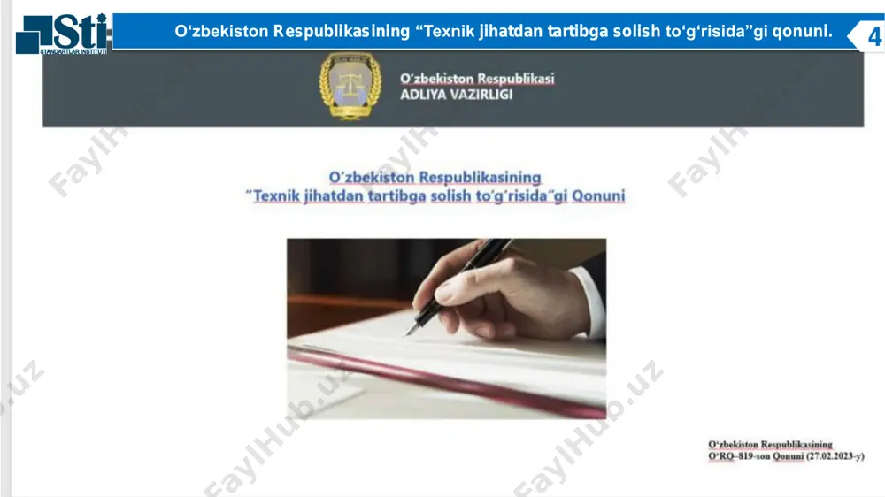 tib bilan bir qatorda menejment tizimlarini sertfikatlashtirish faoliyatini tartibga soluvchi xalqaro standartlar turkumida nazarda tutilgan talablar, muayyan menejment tizimi uchun belgilangan alohida qoidalar, menejment tizimlarini sertifikatlashtirish sohasida xalqaro tashkilotlar tomonidan umume’tirof etilgan tamoyillar inobatga olinadi. menejment tizimlari belgilangan tartibda akkreditatsiyadan o‘tgan menejment tizimlarini sertifikatlashtirish organlari (keyingi o‘rinlarda — mtso) tomonidan ularning akkreditatsiyasi doirasida sertifikatlashtiriladi. menejment tizimlarini sertifikatlashtirishda ariza beruvchi, bir nechta mtso mavjud bo‘lsa, o‘z tanloviga binoan ulardan biriga murojaat qilish huquqiga ega. 32texnik jihatdan tartibga solishning asosiy vazifalari va tamoyillari 4texnik jihatdan tartibga solishning asosiy vazifalari va tamoyillari 14 texnik jihatdan tartibga solish sohasidagi davlat siyosatining asosiy yo‘nalishlari 1 texnik jihatdan tartibga solishning iqtisodiyotni, moddiy-texnika bazasini rivojlantirish darajasiga, shuningdek ilmiy-texnik jihatdan rivojlantirish darajasiga muvofiqligini ta’minlash; 2 mazkur sohani rivojlantirish dasturlarini ishlab chiqish va amalga oshirish; 3 mazkur sohani xalqaro (mintaqaviy) standartlar bilan uyg‘unlashtirish; 4 ilg‘or innovatsion va axborot-kommunikatsiya texnologiyalarini joriy etish; 5 kadrlarni tayyorlash, qayta tayyorlash va ularning malakasini …