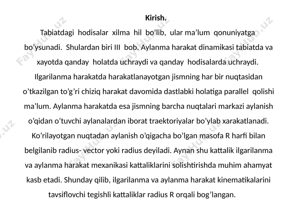 h o’qi)vertical chiziqdan o’tsa,eshikni ocha olmaymiz ham,yopa olmaymiz ham.rasm. birinchi xolda kuch momenti vektori bizdan rasm tekisligi tomon yo’nalgan bo’lsa, o’ng vint qoidasiga ko’ra g’altak soat strelkasi burilishi yo’nalishida aylanadi va demak, o’ng tomonga dumalaydi. aksincha, ikkinchi xolda esa radius –vektor yo’nalishi avvalgi xolga nisbatan teskari bo’lib, kuch momenti vektori rasm tekisligidan biz tomon yo’nalgan. natijada, g’altak soat strelkasi burilishiga teskari yo’nalishda aylanadi va chap tomonga dumalaydi. agar ipni juda yotiq xolda, gorizontal bilan kichik burchak xosil qilgan kuch yo’nalishida tortsak xar qanday g’altakni xam bo’ysindirish mumkin. qayd qilib o’tish lozimki , kuchning qo’zg’almas nuqtaga nisbatan momenti bilan kuchning aylanish o’qiga nisbatan momenti tushunchalari bir xil tushunchalar emas: kuchning o’qda yotuvchi qo’zg’almas nuqtaga nisbatan momenti vektor kattalikdir , kuchning o’qqa nisbatan momenti esa skalyar kattalik bo’lib, o’qda yotuvchi nuqtaga nisbatan kuch momenti vektorning mazkur o’qqa proyeksiyasidir. kuch momenti си sistemasida h∙ (nyuton -metr ) birliklarida o’lchanadi va uning o’lchamlari moddiy …