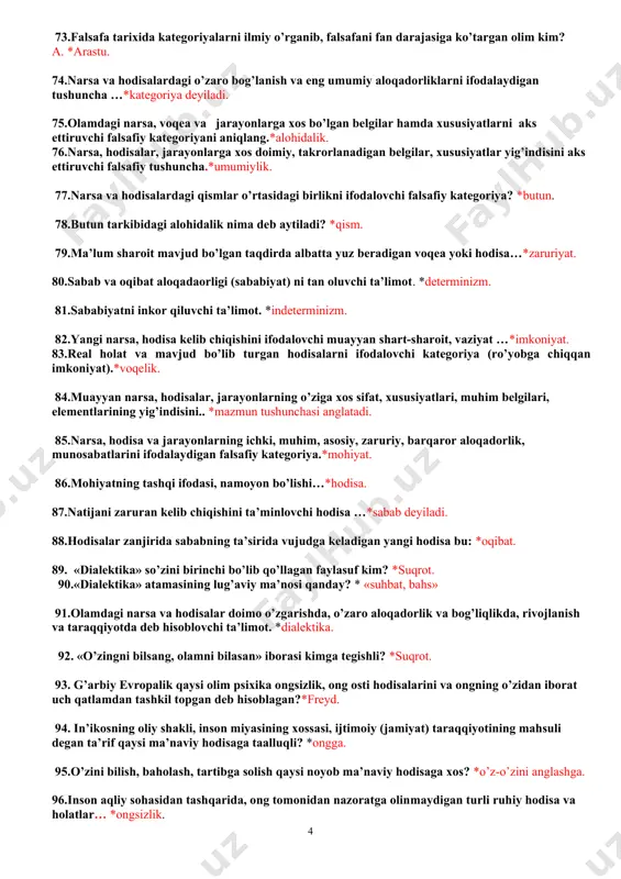 ini inkor etuvchi. 67.ziddiyat nima? *qarama-qarshiliklar o’rtasidagi munosabatni ifodalaydigan tushuncha. sifat tushunchasining falsafiy mazmuni.*narsalarning ichki va tashqi muayyanligi bo’lib, uning xossa, xususiyatlari birligini ifodalaydi. 68.miqdor …*predmetning hajmi, o’lchov, og’irligi, harakat tezligi va shu kabilar bilan tavsiflanadi. 69.miqdor va sifat birligini ifodalaydigan tushuncha.*me’yor. 70.tabiat va jamiyatda sodir bo’ladigan sifat o’zgarishlarini anglatadigan tushuncha:*sakrash. 71.eskini yangi bilan almashinuvi…*inkor deb aytiladi. 72.inkorni-inkor qonuni bo’yicha taraqqiyot …*spiralsimon shaklga ega bo’ladi. 73.falsafa tarixida kategoriyalarni ilmiy o’rganib, falsafani fan darajasiga ko’targan olim kim? a. *arastu. 74.narsa va hodisalardagi o’zaro bog’lanish va eng umumiy aloqadorliklarni ifodalaydigan tushuncha …*kategoriya deyiladi. 75.olamdagi narsa, voqea va jarayonlarga xos bo’lgan belgilar hamda xususiyatlarni aks ettiruvchi falsafiy kategoriyani aniqlang.*alohidalik. 76.narsa, hodisalar, jarayonlarga xos doimiy, takrorlanadigan belgilar, xususiyatlar yig’indisini aks ettiruvchi falsafiy tushuncha.*umumiylik. 77.narsa va hodisalardagi qismlar o’rtasidagi birlikni ifodalovchi falsafiy kategoriya? *butun. 78.butun tarkibidagi alohidalik nima deb aytiladi? *qism. 79.ma’lum sharoit mavjud bo’lgan taqdirda albatta yuz beradigan voqea yoki hodisa…*zaruriyat. 80.sabab va oqibat …