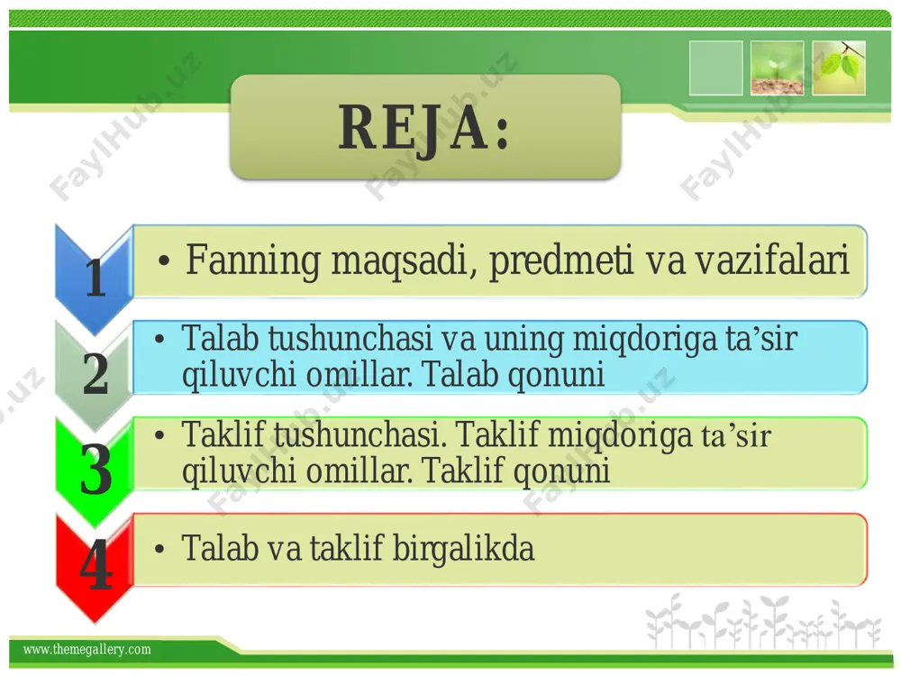 ri • talab va taklif tahlili hamda ularga ta’sir qiluvchi omillar • talab va taklif elastikligi, elastiklik nazariyasi asosida soliq yukining iste’molchilar va ishlab chiqaruvchilar o‘rtasida taqsimlanishi • iste’molchilarning bozordagi xatti xarakati va extiyojlarini qondirish uchun daromadlarining taqsimlanishi • firmalarning ishlab chiqarish xajmini maksimallashtirish va firmaning optimal razmeri • raqobatlashgan bozor sharoitida firma foydasini maksimallashtirish • raqobatlashuvchi firma va tarmoqning uzoq muddatli oraliqdagi muvozanati va tarmoqning taklifi • bozor turlari, raqobat va yakkahokimlik • bozor hokimiyati sharoitida narx belgilash tamoyillari • mehnat bozori va korxonalarda mehnat resurslaridan foydalanish • korxonalar faoliyatini davlat tomonidan tartibga solish www.themegallery.com qanday ishlab chiqarish kerak? (how?) kim uchun ishlab chiqarish kerak? (for whom?) iqtisodiyotning 3 asosiy savoli nima ishlab chiqarish kerak? (what?) www.themegallery.com iqtisodiy jarayonlarni o`rganish: www.themegallery.com iqtisоdiy dоirаviy аylаnish mоdеli www.themegallery.com 2.talab tushunchasi va uning miqdoriga ta’sir qiluvchi omillar. talab qonuni talab -bu pul bilan ta’minlangan ehtiyojdir. ma’lum vaqt oralig‘ida, narxlarning ma vjud darajasida …