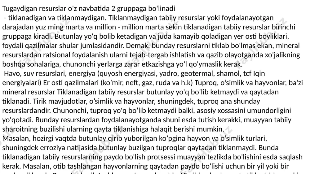 hodisasi i.ch.da resurslarni tejovchi texnologiyalarni yaratishga turtki beradi, resurelar sarfining eng tejamli usullari tanlanadi, mahsulot birligini yaratish uchun ketadigan resurs sarflari qisqartiriladi, ehtiyojlarni qondirishning oqilona darajasiga amal qilinadi (qarang mukammalroq klasifikatsiya qilinganda tabiiy resurslar quyidagilarga bo'linadi: a) moddiy ishlab chiqarish resurslari -sanoatda yoqilg'i, metallar, suvlar, yog'och-taxta, baliq, qishloq xo'jaligida sug'orish uchun suv, ovlanadigan hayvonlar. b) ishlab chiqarishdan tashqari sfera resurslari, ichimlik suv, daraxtlar, kishilarni davolash uchun iqlim resurslari va hakozolar. tabiiy jismlar va kishilar foydalanadigan energiya turlari resurs lar deyiladi. resurs so’zi fransuzcha so'z bo'lib «yashash vositasi» degan ma'noni bildiradi. tabiiy resurslar kishilarning yashashi uchun zarur bo’lgan shunday vositalarki, bu vositalar jamiyatga bevosita emas balki ishlab chiqaruvchi kuchlar va ishlab chiqarish vositalari orqali ta'sir etadi. tabiiy resurslar - ovqatga ishlatiladigan yovvoyi o’simliklar va hayvonlar, kishilar ichadigan va boshqa ko'p maqsadlarda foydalanadigan suvlar, metallar olinadigan rudalar, uylar quriladigan yogoch taxtalar, energiya va yoqilg'i manbalari bo’lgan kumir, neft, tabiiy gazlardir. tabiiy resurslardan …