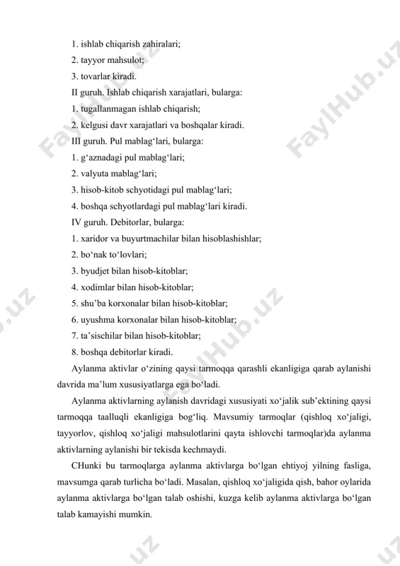 a aktivlarga bo‘lgan ehtiyoj yilning fasliga, mavsumga qarab turlicha bo‘ladi. masalan, qishloq xo‘jaligida qish, bahor oylarida aylanma aktivlarga bo‘lgan talab oshishi, kuzga kelib aylanma aktivlarga bo‘lgan talab kamayishi mumkin. qishloq xo‘jaligi va shunga o‘xshagan boshqa tarmoqlarda aylanma aktivlarga bo‘lgan talab bank kreditini jalb qilish yo‘li bilan qoplanishi mumkin. mavsum bilan bog‘liq bo‘lmagan tarmoqlar (sanoat, savdo, ta’minot va boshqalar)da aylanma aktivlarning aylanishi (mahsulot sotib olish, ishlab chiqarish va sotish jarayonini amalga oshirish) bir maromda kechishi mumkin. shunga qaramasdan nomavsumiy tarmoqlarda ham materiallarning mol etkazib beruvchidan kelib tushishda, tovar ortiqcha yoki kam kelib tushganda, transport bo‘yicha qiyinchiliklar bo‘lganda, import mollar ko‘p miqdorda kelib tushganda, tayyor mahsulotni sotish jarayoni va boshqalarda aylanma mablag‘larga bo‘lgan talab bank krediti hisobidan qoplanishi mumkin. korxona va tashkilotlar o‘zida mavjud zahira va harajatlar summasini xom cho‘t qilish asosida o‘tgan davrda mavjud mablag‘lar va kutilayotgan o‘zgarishlarni hisob-kitob qilish yo‘li bilan kreditga bo‘lgan talabni aniqlaydilar. xo‘jalik sub’ektlarining aylanma aktivlari quyidagi …