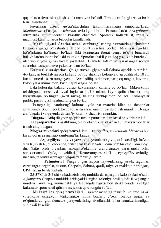 burug’lari patmaterialda shoxlangan, bo’g’inlarga bo’lingan miseliy ko’rinishida bo’ladi. u parchalanib, yumaloq bir hujayrali sporalar hosil qiladi. zararlangan soch atrofida zamburug’ sporalari qoplama hosil qiladi. sporalar tartibsiz, mozaika shaklida joylashadi. sporaning o’lchami 3-6 mkm. kultural xususiyatlari. zamburug’ glyukozali saburo agarida, 26-280c da o’sadi. m.equinum terisimon, qatlamli, muhitga zich joylashgan, kulrang-oq miseley bilan qoplangan koloniyalar hosil qiladi. yetilgan koloniyalar sariq yoki qo’ng’ir rangda bo’ladi. miseliysi bo’g’inlarga bo’lingan, mikrokonidiylar noksimon, makrokonidiylar ko’p hujayrali (15-20x12-17 mkm) bo’ladi. m.lanosum suslo - agarda yumaloq konsentrik aylanali kulrang oqish, markazi unsimon koloniyalar hosil qiladi. miseliysi bo’g’inlarga bo’lingan, yosh kulturalarda shoxlangan bo’ladi. makrokonidiylari ko’p kamerali, ikki uchiga qarab toraygan, uzunligi 40-80 mkm. m.gypseum suslo-agarda tekis, unsimon koloniyalar hosil qiladi, miseliysi raketasimon, makrokonidiylari ko’p hujayrali, 8-12x30-50 mkm. dermatomisetlarning fermentativ xususiyatlari umuman har xil va asosan doimiy emas, shuning uchun ham zamburug’ turlarini farqlashda qo’llanilmaydi. chidamliligi. mikrosporonlar patmaterialni ( soch, teri qirindilari) qog’oz xaltachalarda uy haroratida saqlanganda 3-4 yil va …