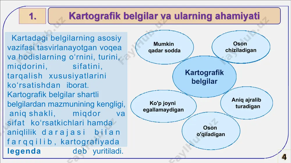 asvirlanadi. nuqtalarni joylashtirishda k o ‘ r s a t i l m o q c h i b o ‘ l g a n predmetlarning haqiqiy tarqalish o‘rni hisobga olinishi kerak. n u q t a l a r b i l a n m i q d o r ko‘rsatkichlarigina berilmasdan, g e o g r a f i k t a r q a l i s h h a m ko‘rsatilishi mumkin. a - hududlar bo‘yicha nuqtalar bir xil zichlikda tarqalgan bo‘lib, haqiqiy geografik tarqalishi aniq emas; b - hududlar bo‘yicha nuqtalar har xil zichlikda tarqalgan va geografik tarqalish aniq ko‘rsatilgan. kartografik tasvirlash usullari kartodiagramma siyosiy-ma'muriy va tabiiy chegarali hududlarda voqea-hodisalarning miqdor va sifat ko‘rsatkichlari diagrammalar yordamida tasvirlanilsa, kartodiagramma usuli deyiladi. kartodiagramma statistik usul hisoblanib, u bilan turli kartalarni (tabiiy, ijtimoiy-iqtisodiy, q i s h l o q x o ‘ j a l i g …