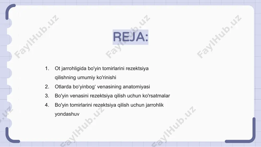 oladi. bo'yin venasini rezektsiya qilish, shuningdek, tomirga ta'sir qiladigan travmatik shikastlanishlar yoki neoplaziyalar, obstruktsiyaga yoki qon oqimining buzilishiga olib keladigan holatlarda ham zarur bo'lishi mumkin. bo'yin tomirlarini rezektsiya qilish uchun jarrohlik yondashuv otlarda bo'yin tomirlarini rezektsiya qilish usuli ehtiyotkorlik bilan jarrohlik rejalashtirish va bajarishni o'z ichiga oladi. jarroh rezektsiyani davom ettirishdan oldin, birinchi navbatda bo'yin venasi bilan bog'liq anatomik belgilarni aniqlashi kerak. jarayon davomida va undan keyin minimal asoratlarni ta'minlash uchun bo'yinbog' venasini rezektsiya qilish uchun maxsus jarrohlik yondashuv juda muhimdir. rezektsiya jarayonida gemostazni saqlab turish va ko'p qon ketishining oldini olish muhimdir. operatsiyadan keyingi parvarish asoratlar xavfini kamaytirish va davolanishni rag'batlantirish uchun bo'yin tomirlarini rezektsiya qilish uchun zarurdir. yaqindan kuzatish, yarani to'g'ri davolash va tegishli dori-darmonlarni qabul qilish operatsiyadan keyingi parvarishning asosiy tarkibiy qismlaridir. bo'yin vena jarrohligi uchun operatsiyadan oldingi fikrlar otlarda bo'yin venasini rezektsiya qilishdan oldin, operatsiyadan oldingi bir nechta omillarni hisobga olish juda muhimdir. bularga otning umumiy …