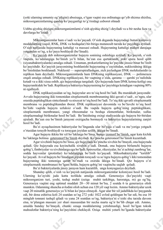rish jarayoni fermentyor deb ataladigan maxsus usqurmalarda olib boriladi va ushbu jarayonda mikroorganizmlar ozuqa muhitda suzib yuradi. ushbu usul davriy va doimiy bo’lishi mumkin. mikroorganizmlarni suyuqlikda davriy o’stirilganda, fermentyorga birdaniga hamma ozuqa muhitini solib, sterilizasiy qilinadi va sovitilib, ko’paytirilishi lozim bo’lgan mikroorganizmning ashitqisi solinadi (ekiladi). mikroorganizmni o’stirish, mo’’tadil bo’lgan sharoitda ma’lum bir vaqtgasha davom etadi va shundan so’ng fermentyorlarning ishi to’xtatilib, hosil bo’lgan aralashmadan kerakli modda ajratib olinadi. mikroorganizmlarni suyuqlikda doimiy o’stirish jarayonida fermentyorga bir tekisda, doimiy ravishda ozuqa muhiti quyib turiladi va shunga mos ravishda tayyor mahsulot saqlovshi suyuqlik (mikroorganizm bilan birga) quyib olinadi va undan kerakli modda ajratib olinadi. albatta mikroorganizmlarni davriy yoki doimiy o’stirish sharoiti bir-biridan farq qiladi. davriy o’stirishda ozuqa muhitidagi moddalar miqdori bir tekisda kamayib, hosil bo’ladigan modda miqdori esa ko’tarilib boradi, bu esa mikroorganizmni o’sib rivojlanishiga salbiy ta’sir ko’rsatadi. doimiy o’stirishda esa, bu ikki ko’rsatkish bir tekisda turadi, shuning ushun ham mikroorganizmning o’sishiga ijobiy …