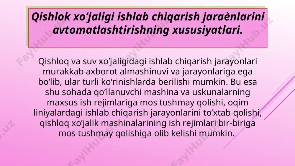 p» xarfi bilan belgilangan. sa – vыklyuchatel (ѐki pereklyuchatel) sb – knopkali vыklyuchatel xt - kontaktli boglanish. dexqonchilik jaraѐnlarni avtomatlashtirish. umumiy tushunchalar. qishloq va suv xo’jaligida ish unumdorligini oshirishning asosiy yo’llaridan biri dexqonchilik jaraѐnlarini avtomatlashtirish hisoblanadi. dehqonchilik sohasida mexanizatsiyalash jaraѐnlari yetarli darajada rivojlanish ko’rsatkichlariga ega bo’lsada, lekin ularni avtomatlashtirish sohasi haligacha oqsoqlab kelmoqda. buning asosiy sabablari, birinchi navbatda dehqonchilik jaraѐnlarining murakkabligi, yer va suv sharoitlarining xilma-xilligidir, jumladan: a) jaraѐnlarni harakatlanuvchan agregatlar bajarishi, tuproq va o’simlikni esa qo’zg’almasligi; b) agregatning har xil ob-havo sharoitida ishlashi; v) materialning bir jinsli bo’lmasligi (hosildorligi, namlik, ifloslik hamda kutilmagan faktorlar); g) relefning murakkabligi (pastlik - balandlik, chuqurlik) xaydov chukurligi va kultivatsiya jaraѐnini avtomatik rostlash tizimi. agrotexnik talablari buyicha paxta maydonlari uchun haydov chuqurligi 40–45 sm ni, g’alla maydonlari uchun 30–35 sm ni tashkil qilishi kerak. bu holda tekis yerdagi haydov chuqurligini og’ishi ±1–1,5 sm, notekis yerlar uchun 2–3 sm, kultivatsiya chuqurligini og’ishi esa ±1,0 sm …