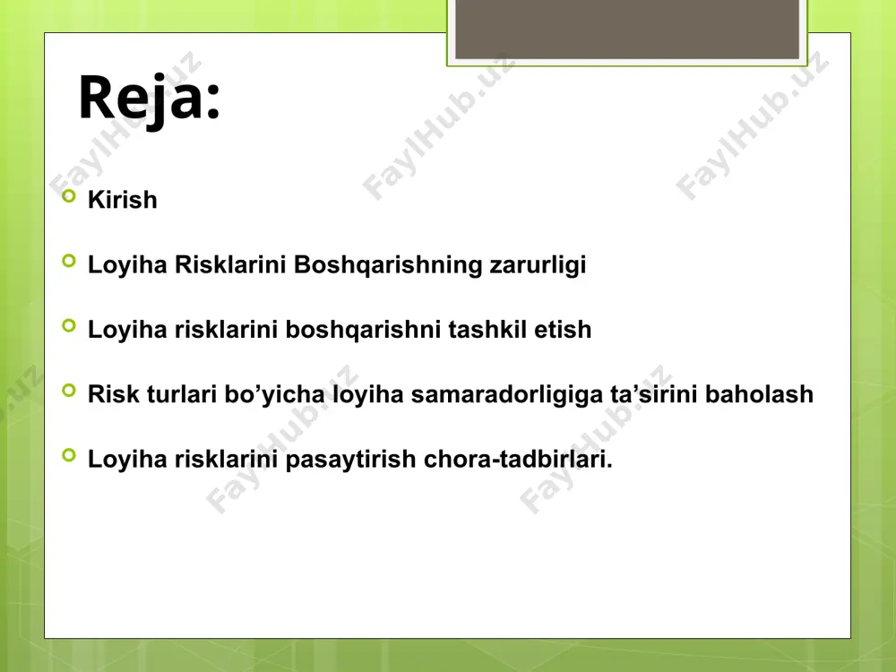 atda risk investitsiyalarni qisman yoki to‘liq yo‘qotish, kutilgan daromaddan kamroq foyda olish va loyihada ko‘zlangan maqsadlarga erisha olmaslik xataridir. loyihadan qanchalik ko‘p miqdorda daromad kutilsa, u shunchalik yuqori riskli hisoblanadi. bozor iqtisodiyoti sharoitida investitsiya tizimi risklarning paydo bo‘lish sabablari ma’lumotlarning tanqisligi yoki to‘liq bo‘lmasligi, tashqi va ichki muhitdagi harakatlar (raqobatchilar, ishchilar holati, hukumat va boshqalarning harakatlari) inflyatsiya haqidagi, texnika-texnologiyalardagi o‘zgarishlar haqidagi, loyiha quvvatining, obyektning qurilish va foydalanishga topshirish muddatlari, xarajat va natijalarning noto‘g‘ri hisob-kitob qilinis investitsiya risklarini turli belgilar bo‘yicha tasniflash mumkin: tarkibi bo‘yicha risklar quyidagilarga bo‘linadi: iqtisodiy risk; bozor riski; inflyatsiya riski; valyuta riski; siyosiy risk; ijtimoiy risk; ekologik risk; texnologik risk; marketing riski; moliyaviy risk; kredit riski; bankrotlik riski; ilm-texnika riski; informatsion risk; investitsiya risklarini turli belgilar bo‘yicha tasniflash mumkin: 2) muddati bo‘yicha risklar quyidagilarga bo‘linadi: qisqa muddatli risklar; uzoq muddatli risklar; 3) olinadigan natijaga qarab risklar: spekulyativ risk - ular ta’sirida katta zarar yoki katta foyda olish …