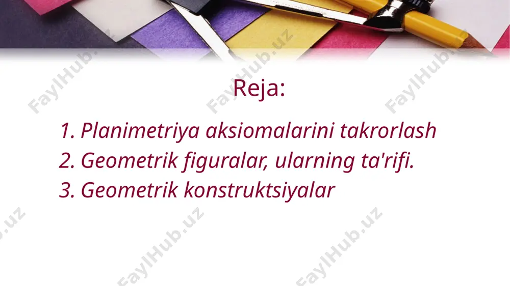 hikroq burchakka o'tkir deyiladi. to'g'ri chiziqdan kattaroq, ammo keng burchakdan kichikroq burchakka obtuz deyiladi. yuqorida berilgan burchak tushunchasiga qo'shimcha ravishda, tekis burchak tushunchasi geometriyada ham ko'rib chiqiladi. to'rtburchak - bu to'rtta nuqta va ularni ketma-ket bog'laydigan to'rtta segmentdan iborat bo'lgan rasm va bu nuqtalarning uchtasi ham bitta to'g'ri chiziqda yotmasligi kerak va ularni bog'laydigan segmentlar kesishmasligi kerak. bu nuqtalar uchburchakning uchlari deb ataladi va segmentlardan bog'langan - uning yon tomonlaridir. geometrik konstruktsiyalar geometrik konstruktsiyalarni o'rganadigan geometriya bo'limi konstruktiv geometriya deb nomlanadi. konstruktiv geometriyaning asosiy tushunchasi "figurani qurish" tushunchasidir. asosiy takliflar aksioma shaklida shakllantirilib, quyidagilarga qaytariladi. 1. har bir berilgan raqam qurilgan. 2. agar ikkita (yoki undan ko'p) raqamlar qurilgan bo'lsa, unda bu raqamlarning birligi ham quriladi. 3. agar ikkita raqam qurilgan bo'lsa, unda ularning kesishishi bo'sh to'siq bo'ladimi yoki yo'qmi aniqlanishi mumkin. 4. agar ikkita qurilgan raqamlarning kesishishi bo'sh bo'lmasa, u quriladi. 5. agar ikkita raqam qurilgan bo'lsa, unda ularning …
