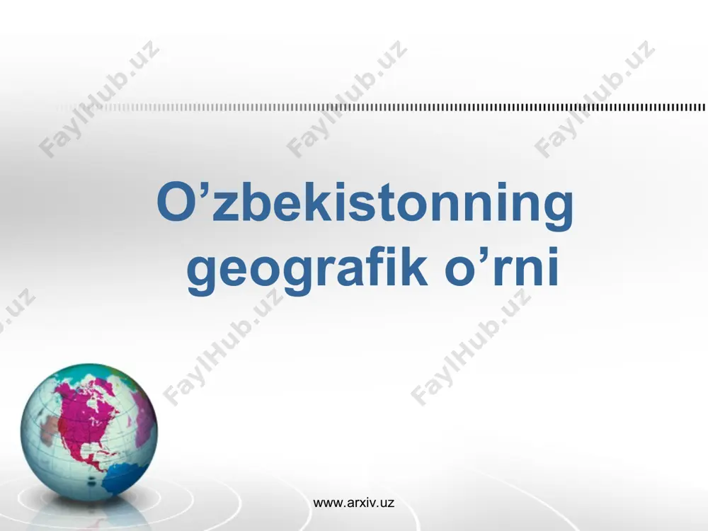 ko’ra juda qulay. chunki uning hududi turkistonning markazidagi tabiiy sharoiti qulay va tabiiy boyliklarga serob bo’lgan yerlarni o’z ichiga oladi. o’zbekistonning ko’p qismining tekislikdan iborat bo’lishi hamda serunum vohalarning — chirchiq-ohangaron, farg’ona, zarafshon, qashqadaryo, suxondaryo, quyi amudaryoning mavjudligi jumxuriyat iqtisodiyotining rivojlanishiga qulay sharoit yaratib bergan. www.arxiv.uz www.arxiv.uz www.arxiv.uz serunum vohalar chirchiq- ohangaron farg’ona zarafshon qashqadaryo surxondaryo quyi amudaryo www.arxiv.uz o’zbekiston hududi janubi-sharqdan shimoli-g’arbga qarab cho’zilib o’sha tomonga qarab pasayib boradi. o'lkamiz yer usti tuzilishi jihatidan tojikiston va qirg’izistondan keskin farq qiladi. o’zbekiston hududining ko’p kismi (71%) dehqonchilik uchun qulay vodiylar, tekisliklar va tor oldi tekisliklaridan iborat. tekislik yerlarning ko’p bo’lishi va bu joylardan amudaryo, sirdaryo, zarafshon, chirchiq, qashqadaryo va boshqa daryolarning oqib o’tishi, iqlimiying qulayligi, sug’orma dehqonchilikning va ayniqsa, paxtachilikning juda qadimdan rivojlanishiga imkon bergan. www.arxiv.uz www.arxiv.uz www.arxiv.uz o’zbekiston hududidan oqib o’tadigan asosiy daryolar amudaryo zarafshon sirdaryo chirchiq qashqadaryo www.arxiv.uz arxeologlarning ma’lumotiga ko’ra o’zbekiston hududida, xususan surxondaryo, quyi amudaryo, zarafshon, …