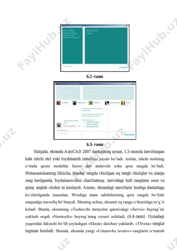 irlanib qoladi. 6.4-rasm modellar fazosini qora ranga o‘tkazish uchun, yuqoridagi amallar takrorlanib, taklif etilgan rang uchun qora rang belgilanadi. foydalanish interfeysi – ishchi stoli va uning elementlari ikki o‘lchamli loyihalash uchun autocad dasturining ishchi stoliga quyidagi asosiy uskunalar paneli kiradi: 1. tushuvchi menyular paneli 2. ob`ektlar xususiyatlari paneli – svoystva 3. standart menyular paneli – standartnoe 4. chizish uskunalari paneli – cherchenie 5. taxrirlar uskunalari paneli - izmenit 6. ob`ektlarga bog`lanish - ob`ektnaya privyazka 7. o‘lcham qo‘yish buyruqlari paneli - razmer 8. muloqotlar oynasi 9. holatlar qatori 6.5-rasm. mavzu yuzasidan savollar 1. kompyuter dasturlari orqali loyihalash nima? 2. autocad dasturi haqida ma’lumot bering?