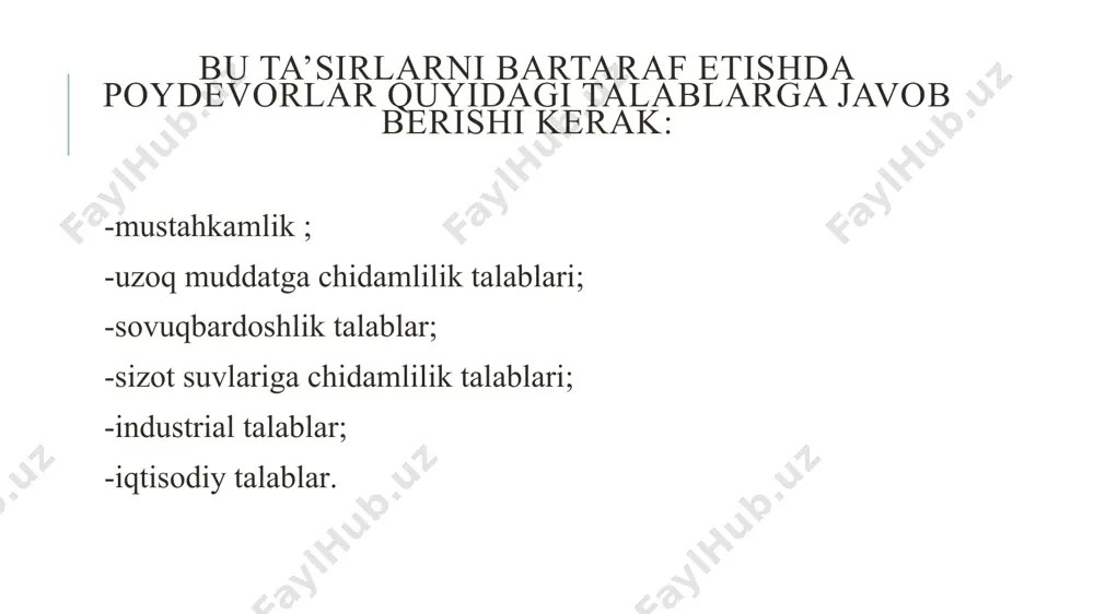 50% gacha qo‘shib yuboriladi. xarsang tosh va xarsang toshbeton poydevorlar qurish ko‘p mehnat talab qilishi sababli, iqtisodiy jihatdan nomaqbul, u tosh material ko‘p bo‘lgan joylardagina qo‘llaniladi. iqtisodiy hamda mehnat sarfi jihatidan ancha qulay bo‘lgan tasmasimon yig‘ma beton va temirbeton poydevorlar zavodlarda tayyorlangan poydevor elementlaridan teriladi va ularni har qanday ob-havo sharoitida ham o‘rnatish mumkin. tasmasimon yig‘ma poydevorlar poydevor yostiq blokdan (qalinligi 300 va 400 mm, eni 1000 dan 2800 mm gacha, uzunligi 1180 mm dan 2390 mm gacha) hamda poydevor devori blokidan (eni 300, 400, 500 va 600 mm, balandligi 580 va uzunligi 780 va 2380 mm) iborat bo‘ladi. poydevor yostiq bloklar qumli zaminlarda to‘g‘ridan-to‘g‘ri zaminga, boshqa hollarda esa shibbalab oldindan mustahkamlangan (qalinligi 100-150 mm qilib to‘kilgan shag‘al-qum) asosga o‘rnatiladi. poydevor bloklari “0-6-12” kabi markalanib, bu yerda 6 soni poydevor eni, 12 esa poydevor uzunligini (dm da) ifodalaydi. yerto’la devori bloklari yaxlit (sb) va ichki kovakli (pb) qilib ishlab chiqariladi. …