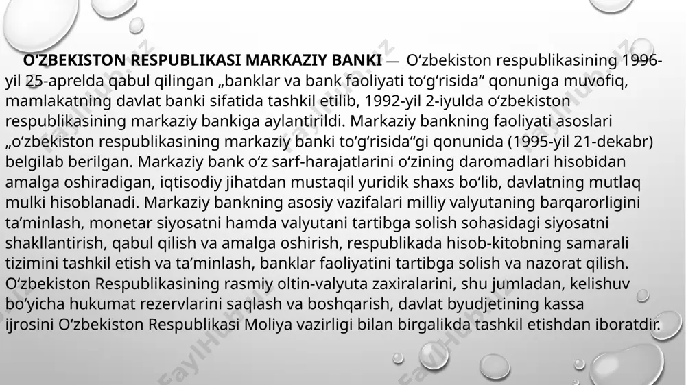 si - pul muomalasini tartibga solishdir. bunga naqd va naqdsiz pul emissiyasini kamaytirish yoki ko‘paytirish va diskont siyosati, minimal zaxiralar siyosati, ochiq bozor, valyuta siyosati orqali erishiladi. tartibga solish funksiyasi nazorat funksiyasi bilan chambarchas bog‘liq. masalan, minimal zaxira siyosatini o‘tkazishda, markaziy bank muayyan bankning holati haqida keng ma'lumot oladi.nazorat funksiyasiga bankning bank tizimi tarkibining sifat talablariga muvofiqligini aniqlash kiradi, ya'ni kredit muassasalarini milliy bank bozoriga qabul qilish tartibi. bundan tashqari, bunga kredit muassasalari uchun zarur iqtisodiy koeffitsientlar va me'yorlar ishlab chiqish hamda ularga amal qilishni nazorat qilish kiradi. turli mamlakatlarda markaziy banklarning nomlari uchun turli atamalar ishlatiladi: markaziy, davlat, zaxira, milliy va boshqalar: “milliy bank” nomi abxaziya, belarus, gruziya, qozog‘iston, qirg‘iziston, moldova, tojikiston, ukraina va shveysariyalarda qabul qilingan; “markaziy bank” - armaniston, ozarbayjon, eron, rossiya, turkmaniston, turkiya va o‘zbekistonda; “xalq banki” – bolgariya va xitoyda; “bank” nomining o‘zi - isroil (isroil banki), kanada, litva, latviya, estoniya va yaponiyada;yoki, singapurning pul-kredit …