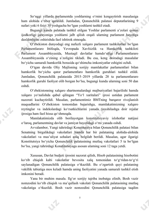 h hamda deputatlik korpusining islohotlar jarayonida faol ishtirokini ta’minlash yo‘lidagi muhim qadam bo‘ldi. hukumat a’zolarining deputatlar savollariga javoblarini eshitish – “hukumat soati” instituti amaliyotga samarali joriy etildi. mazkur institut parlament nazorati faoliyatiga yangicha ruh olib kirdi. bugungi kunda aholini tashvishga solib kelayotgan hayotiy dolzarb muammolarga aynan “hukumat soati” tadbirlarida yechim topilmoqda. ilk bor o‘zbekiston respublikasining davlat budjeti qonun shaklida qabul qilindi. o‘z navbatida, budjet ijrosi ustidan nazorat ham endilikda vazirlik va sohalar kesimida manzilli olib borilmoqda. bugungi kunda nafaqat hukumat faoliyatini nazorat qilish, balki, hukumat a’zoligiga nomzodlarni qonunchilik palatasi tomonidan ko‘rib chiqish va ma’qullash amaliyoti joriy etildi. bu esa hukumat tarkibini shakllantirishda xalq vakillarining bevosita ishtirokini ta’minlamoqda hamda ularning fikri va ovozi asosida muayyan bir vazir yoki boshqa hukumat a’zosini lavozimga qo‘yish amalga oshirilmoqda. qolaversa, vazirlar mahkamasining oliy majlisdagi vakolatli vakili lavozimi joriy etildi. o‘tgan davrda aholi bilan doimiy muloqot qilish, ularni qiynayotgan muammolarni hal etishning yangi mexanizm va samarali …