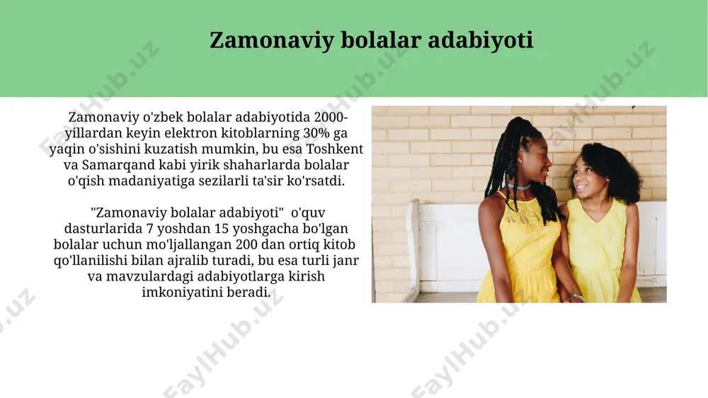ti, 5-7 yoshli bolalarda o'ziga bo'lgan ishonchni 20% ga oshirishi va ijtimoiy moslashuvchanlikni rivojlanishiga yordam berishi, amerika tadqiqotlariga ko'ra isbotlangan. kitob o'qish, 3-4 yoshli bolalarda nutq rivojiga ijobiy ta'sir ko'rsatib, lug'at boyligini 15% ga oshiradi, shuningdek, xotira va diqqatni yaxshilaydi, degan xulosaga jahon sog'liqni saqlash tashkilotining hisobotlari kelgan. bolalar adabiyoti va ijtimoiy muammolar toshkent shahridagi maktablarda o'tkazilgan 2022 yilgi so'rovnomalar shuni ko'rsatdiki, 30% bolalar adabiyotida ekologik muammolarga etarlicha e'tibor berilmagan deb hisoblaydi. samarqand viloyatida chop etilgan bolalar kitoblarining 15%ida bolalarning huquqlari va ularning himoyasi masalalari yoritilgan, ammo bu son hali yetarli emas. bolalar adabiyotini o'qishning foydalari hikoyalar orqali bolalar turli mamlakatlar va madaniyatlar haqida (masalan, yaponiya yoki braziliya) bilimlarini kengaytirib, dunyoqarashini boyitadi va empatiya ko'nikmalarini rivojlantiradi, bu esa 10 yoshdan keyin ijtimoiy moslashuvchanlikni oshiradi. bolalar adabiyotini muntazam o'qish, 5 yoshgacha bo'lgan bolalarning lug'at boyligini 30% ga oshirishi va keyinchalik maktabdagi o'qish qobiliyatlarini yaxshilashi isbotlangan, hatto aqshning turli shtatlaridagi tadqiqotlar ham …