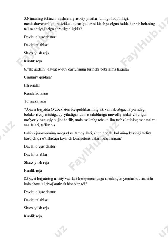 ha ta’lim tashkilotida uslubiy ishlar bilan kim shug’ullanadi? direktor o’rinbosari mudira mudir metodist 11.bolaning bilim, ko‘nikma, malaka va qadriyatlari majmuyi nima deyiladi? kompetensiya konsepsiya kommunikatsiya faoliyat 12.kim o‘z bilim, ko‘nikma va malakalarini muayyan vaziyatda safarbar qilishi va qo‘llashi, o‘z maqsadiga erishishi va rivojlanishning har bir bosqichida yoshiga mos keladigan vazifalarni hal qilishi mumkin? kompetentli bola tajribali inson iqtidorli bola kommunikativ bola 13.atrofdagi odamlar bilan o‘zaro munosabatlarning konstruktiv usullari va vositalariga ega bo‘lishni taqozo qiladi; muloqot qilish va yuzaga kelgan o‘yin, bilish, maishiy va ijodiy vazifalarni muvaffaqiyatli hal qilish qobiliyati nima deyiladi? kommunikativ kompetensiya ijtimoiy kompetensiya shaxsiy kompetensiya nutqiy kompetensiya 14.bolaning belgilangan tartib va odob-ahloq qoidalariga rioya qilgan holda tengdoshlari va kattalar bilan birgalikda ishlash qobiliyati nima deyiladi? ijtimoiy kompetensiya kommunikativ kompetensiya shaxsiy kompetensiya nutqiy kompetensiya 15. qanday kompetensiyani rivojlantirish orqali bola maktabgacha yoshda shakllanadigan va butun hayoti davomida takomillashib boradigan bir qator xususiyatlarni namoyish etadi? shaxsiy kompetensiya nutqiy kompetensiya ijtimoiy …