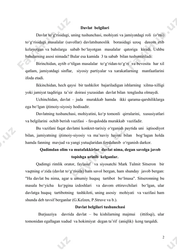 va hokimiyat degan ta’rif (aniqlik) keng tarqaldi. taniqli davlatshunos l.dyugi davlatning 4 ta elementini ajratib ko‘rsatadi:kishilik individlarining ittifoqi; ma’lum xududni; mustaqil (suveren) hokimiyatni; xukumatni. g.f.shershenevichning yozishicha, "davlatning nomi bilan – bitta hokimiyatga bo‘ysungan, ma’lum xududlarda joylashgan kishilarning ittifoqi" tushuniladi. davlatga ta’rif berishga k.marks va f.engelslar ham bir necha bor e’tibor berishgan. f.engels davlatga keyinchalik qisqacha shunday ta’rif berdi: "davlat – bir sinfning ikkinchi sinf ustidan ezish uchun ishlatiladigan mashinasidan boshqa narsa emas". bu tushunchaga v.i.lenin boshqacharoq o‘zgartirish kiritib, shunday yozadi: "davlat – bu bir sinfning boshqa sinf ustidan xukmronligini qo‘llab-quvvatlab turuvchi mashina". bu talqinlar fan va rasmiy siyosatda keng tarqatilgan. lekin bunday ta’riflar shunday davlatlarga mos keladiki, ya’ni qayerda sinfiy ziddiyat va siyosiy qarama-qarshiliklar ko‘p bo‘lib, jamiyatning bo‘linib ketishi xavfi bo‘lgan joylarda (davlatlarda). boshqacha aytganda, bu ta’rif diktatorlik davlatlariga to‘g‘ri keladi. hozirgi o‘quv darsliklarida davlatga o‘zining maxsus apparatiga ega bo‘lgan, ya’ni o‘z zaylini butun mamlakat miqyosida majburiy ravishda o‘tkaza oladigan …